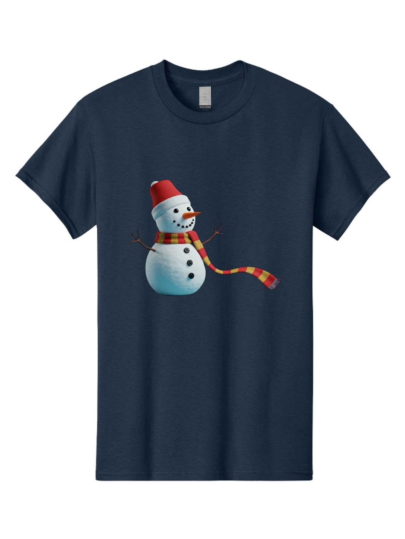 Snowman-6 Men'S Graphic Tee, 100% Cotton, Comfortable Casual Summer Wear, Machine Washable, Snowman Wearing Red Hat, Red And Yellow Scarf, Black Buttons, Carrot Nose, Festive Winter Decor, Holiday Character, Christmas Theme, Winter Wonderland, Bac442