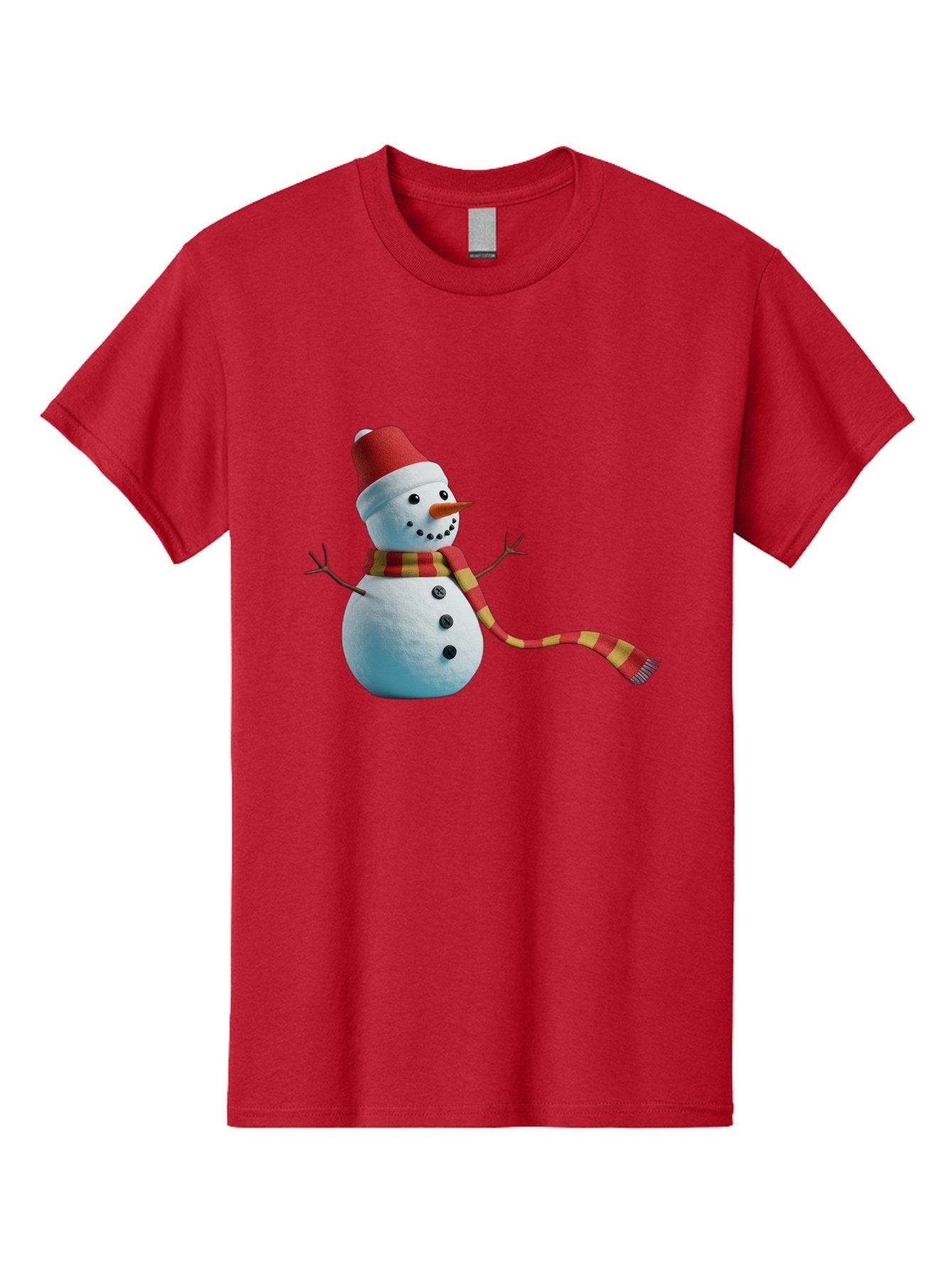 Snowman-6 Men'S Graphic Tee, 100% Cotton, Comfortable Casual Summer Wear, Machine Washable, Snowman Wearing Red Hat, Red And Yellow Scarf, Black Buttons, Carrot Nose, Festive Winter Decor, Holiday Character, Christmas Theme, Winter Wonderland, Bac442