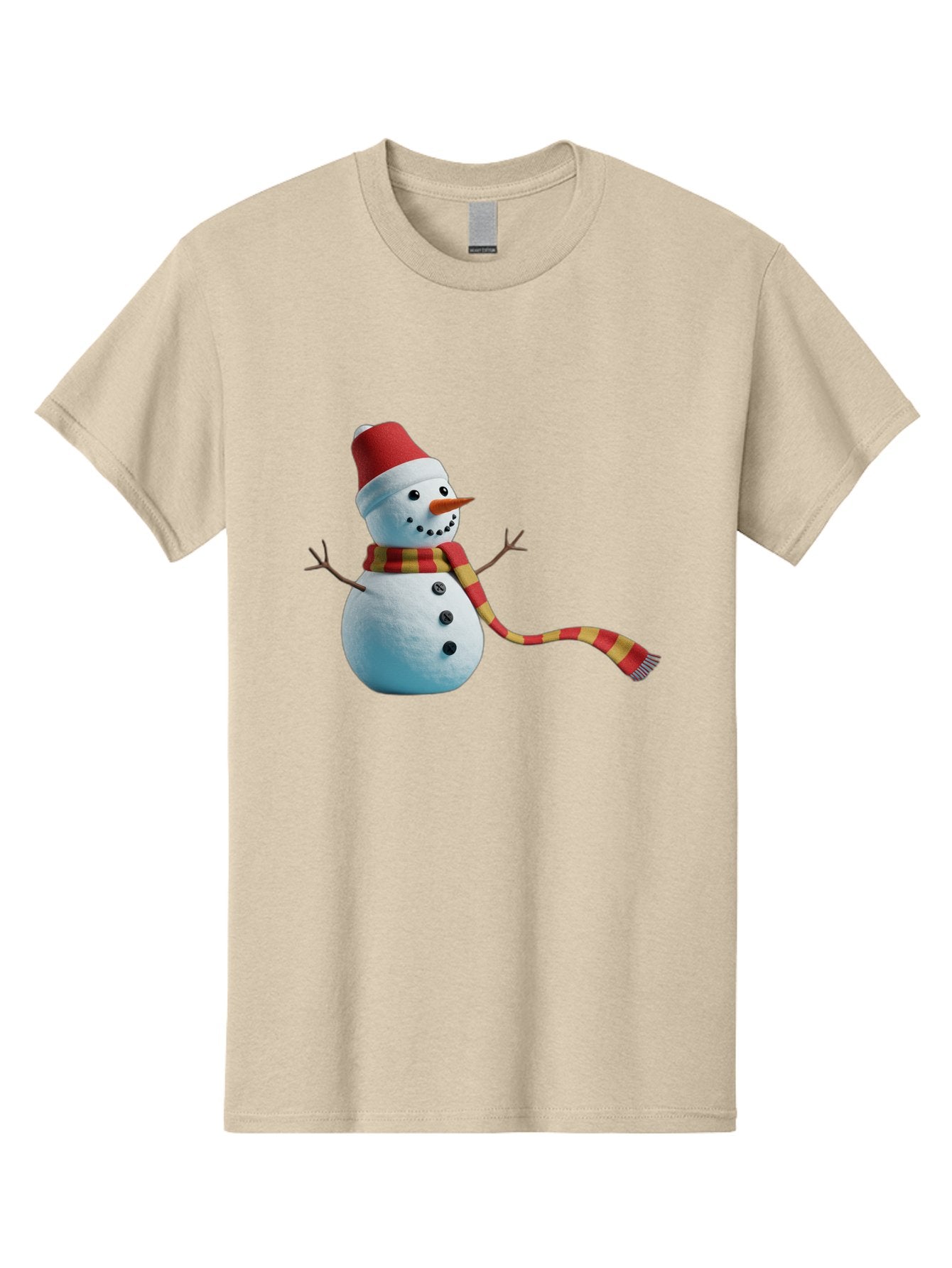 Snowman-6 Men'S Graphic Tee, 100% Cotton, Comfortable Casual Summer Wear, Machine Washable, Snowman Wearing Red Hat, Red And Yellow Scarf, Black Buttons, Carrot Nose, Festive Winter Decor, Holiday Character, Christmas Theme, Winter Wonderland, Bac442 5
