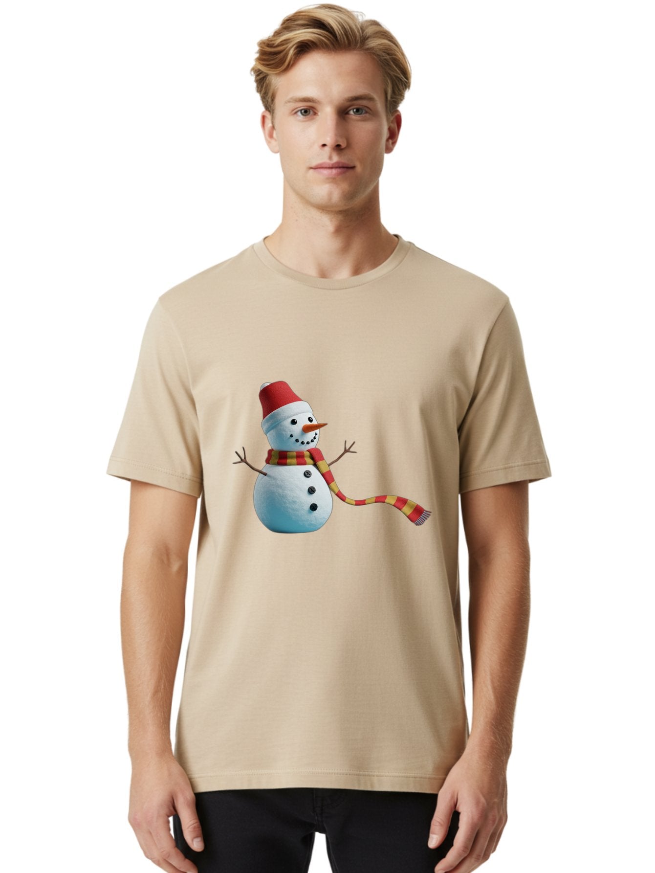 Snowman-6 Men'S Graphic Tee, 100% Cotton, Comfortable Casual Summer Wear, Machine Washable, Snowman Wearing Red Hat, Red And Yellow Scarf, Black Buttons, Carrot Nose, Festive Winter Decor, Holiday Character, Christmas Theme, Winter Wonderland, Bac442 23