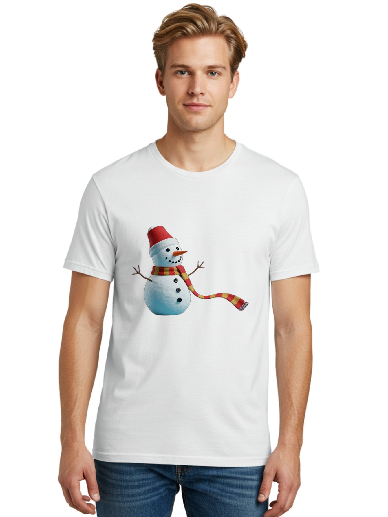 Snowman-6 Men'S Graphic Tee, 100% Cotton, Comfortable Casual Summer Wear, Machine Washable, Snowman Wearing Red Hat, Red And Yellow Scarf, Black Buttons, Carrot Nose, Festive Winter Decor, Holiday Character, Christmas Theme, Winter Wonderland, Bac442 30