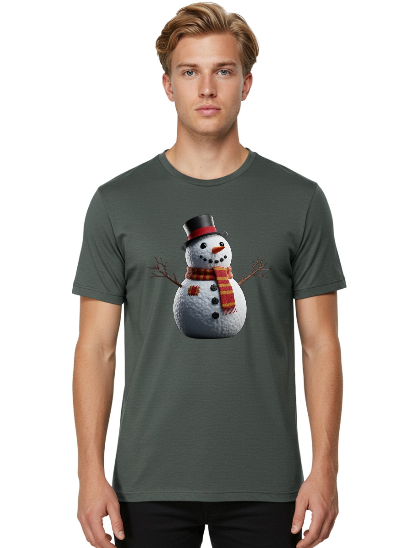 Snowman-In-Top-Hat Men'S Graphic Tee, 100% Cotton, Comfortable Casual Summer Wear, Machine Washable, Snowman With Top Hat, Red And Yellow Striped Scarf, Carrot Nose, Coal Eyes, Festive Winter Character, Winter Holiday Season, Bac443 29
