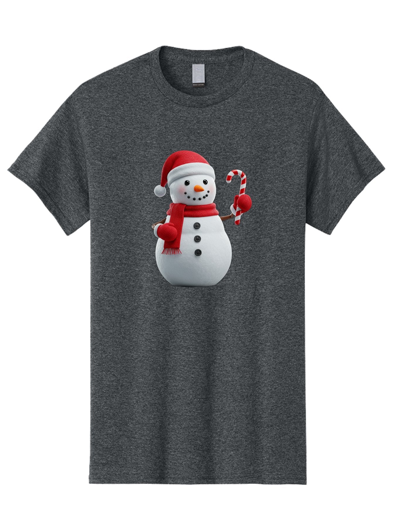 Snowman-With-Santa-Hat Men'S Graphic Tee, 100% Cotton, Comfortable Casual Summer Wear, Machine Washable, Snowman Wearing Red Hat, Red Scarf, Three Black Buttons, Carrot Nose, Holding Candy Cane, Festive Holiday Character, Winter Wonderland, Bac444