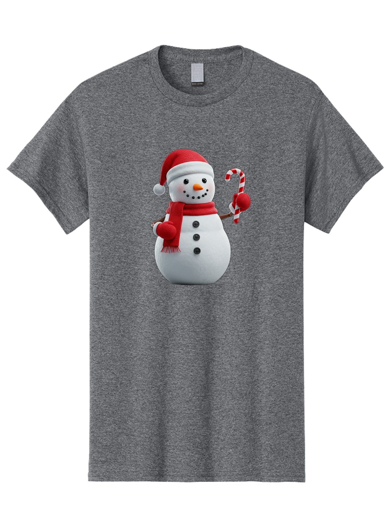 Snowman-With-Santa-Hat Men'S Graphic Tee, 100% Cotton, Comfortable Casual Summer Wear, Machine Washable, Snowman Wearing Red Hat, Red Scarf, Three Black Buttons, Carrot Nose, Holding Candy Cane, Festive Holiday Character, Winter Wonderland, Bac444 9