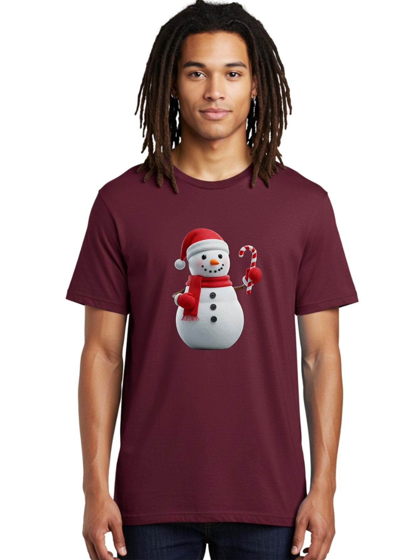 Snowman-With-Santa-Hat Men'S Graphic Tee, 100% Cotton, Comfortable Casual Summer Wear, Machine Washable, Snowman Wearing Red Hat, Red Scarf, Three Black Buttons, Carrot Nose, Holding Candy Cane, Festive Holiday Character, Winter Wonderland, Bac444 23