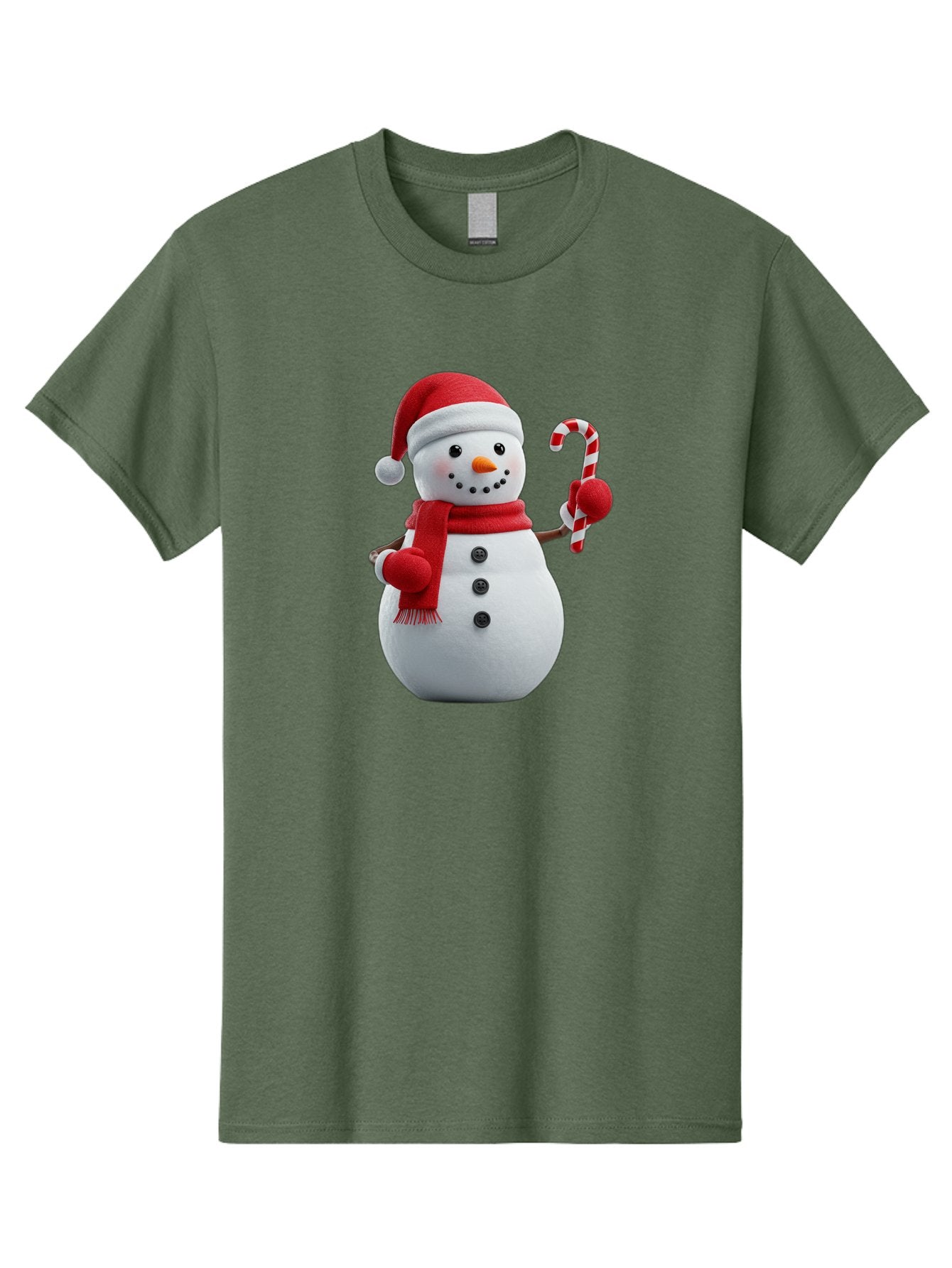 Snowman-With-Santa-Hat Men'S Graphic Tee, 100% Cotton, Comfortable Casual Summer Wear, Machine Washable, Snowman Wearing Red Hat, Red Scarf, Three Black Buttons, Carrot Nose, Holding Candy Cane, Festive Holiday Character, Winter Wonderland, Bac444 8