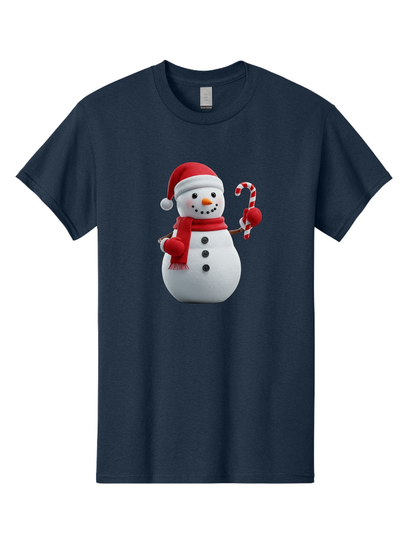 Snowman-With-Santa-Hat Men'S Graphic Tee, 100% Cotton, Comfortable Casual Summer Wear, Machine Washable, Snowman Wearing Red Hat, Red Scarf, Three Black Buttons, Carrot Nose, Holding Candy Cane, Festive Holiday Character, Winter Wonderland, Bac444 13