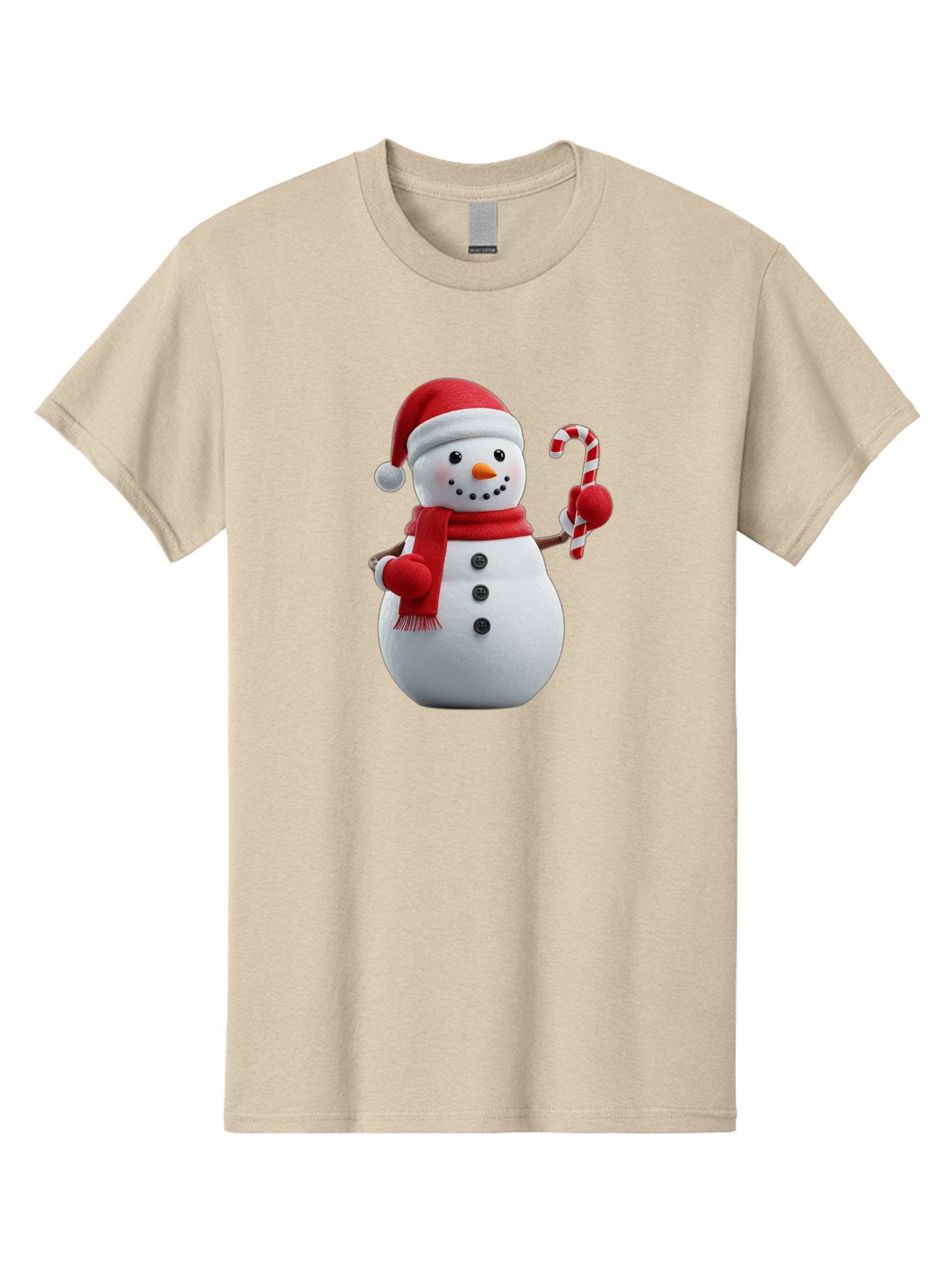 Snowman-With-Santa-Hat Men'S Graphic Tee, 100% Cotton, Comfortable Casual Summer Wear, Machine Washable, Snowman Wearing Red Hat, Red Scarf, Three Black Buttons, Carrot Nose, Holding Candy Cane, Festive Holiday Character, Winter Wonderland, Bac444 12