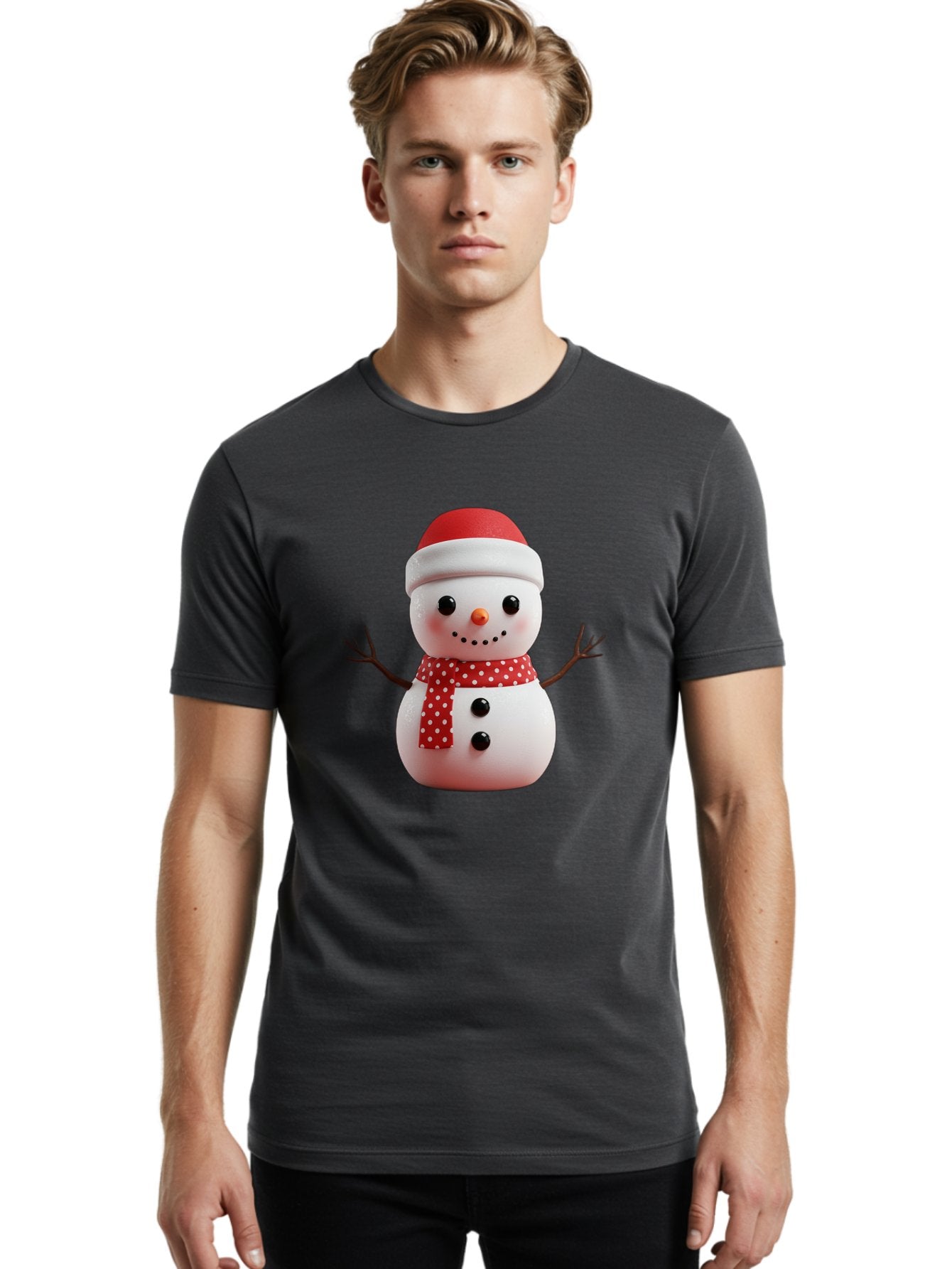 Snowman Men'S Graphic Tee, 100% Cotton, Comfortable Casual Summer Wear, Machine Washable, Snowman Figurine, Winter Decoration, Festive Snowman, Holiday Character, Red Scarf, White Polka Dots, Christmas Ornament, Snowman Charm, Bac445 30