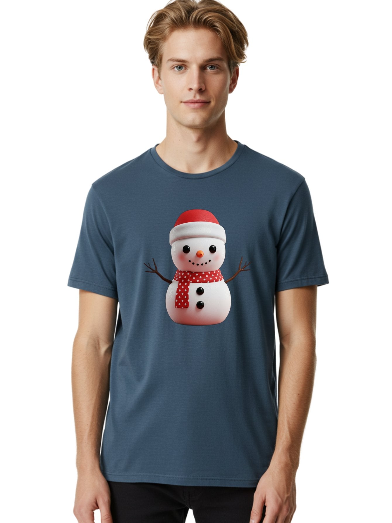 Snowman Men'S Graphic Tee, 100% Cotton, Comfortable Casual Summer Wear, Machine Washable, Snowman Figurine, Winter Decoration, Festive Snowman, Holiday Character, Red Scarf, White Polka Dots, Christmas Ornament, Snowman Charm, Bac445 24