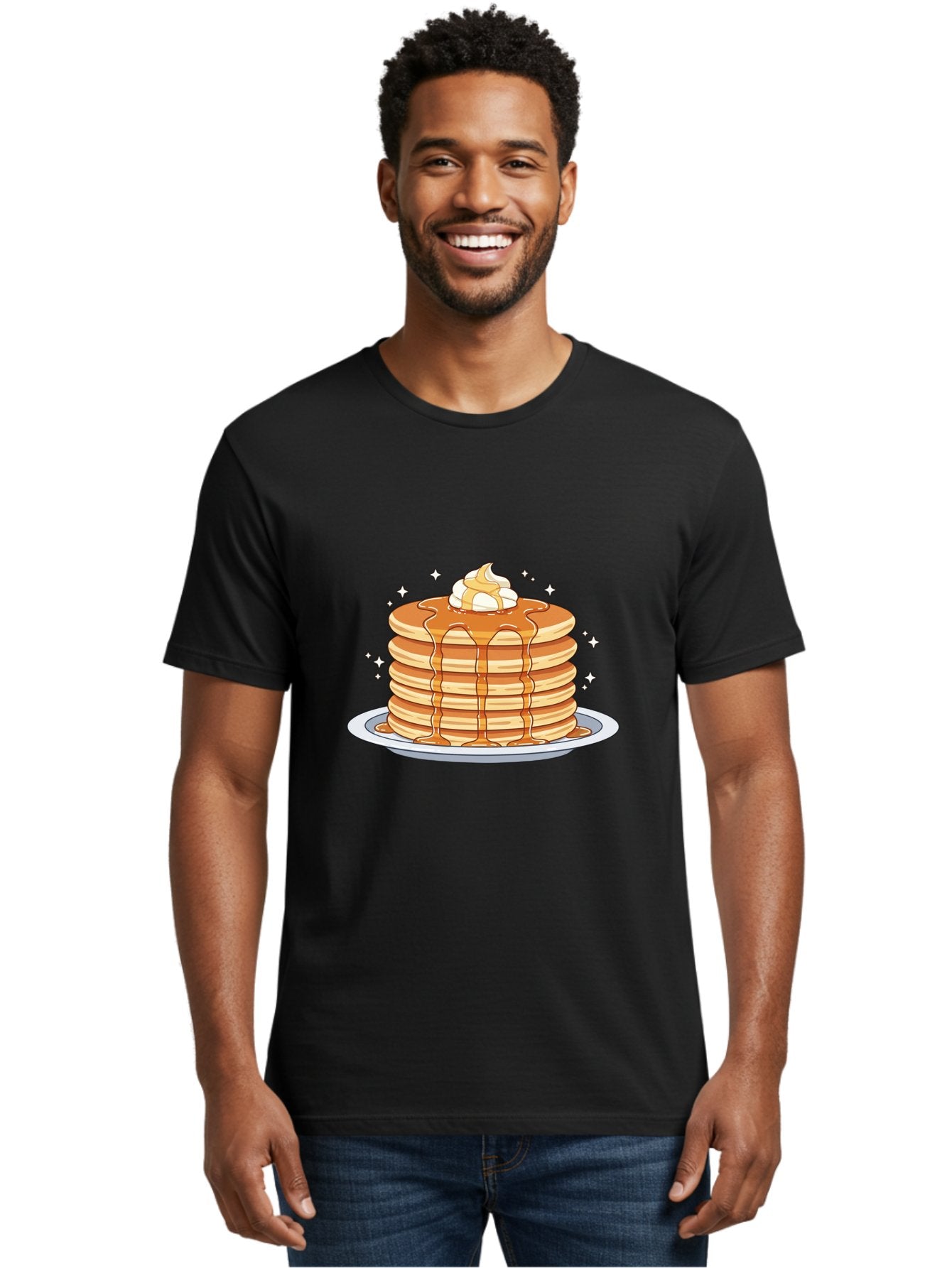 Stack-Of-Pancakes Men'S Graphic Tee, 100% Cotton, Comfortable Casual Summer Wear, Machine Washable, Stacked Pancakes, Whipped Cream Topping, Maple Syrup Dripping, Sweet Breakfast, Fluffy Pancakes, Breakfast Treat, Morning Meal, Bac446 27