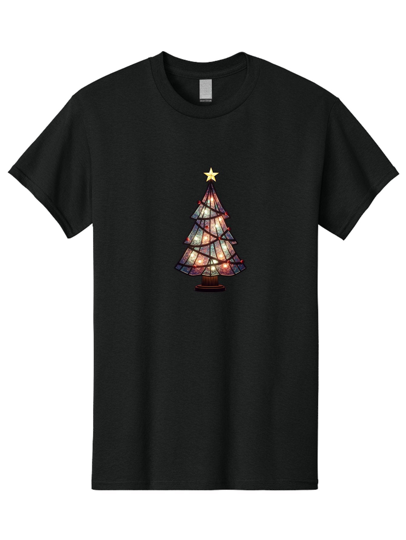 Stained-Glass-Christmas-Tree Men'S Graphic Tee, 100% Cotton, Comfortable Casual Summer Wear, Machine Washable, Stained Glass, Christmas Tree, Festive Decor, Holiday Decoration, Christmas Lights, Star Topper, Holiday Ambiance, Colorful Tree, Bac447 12