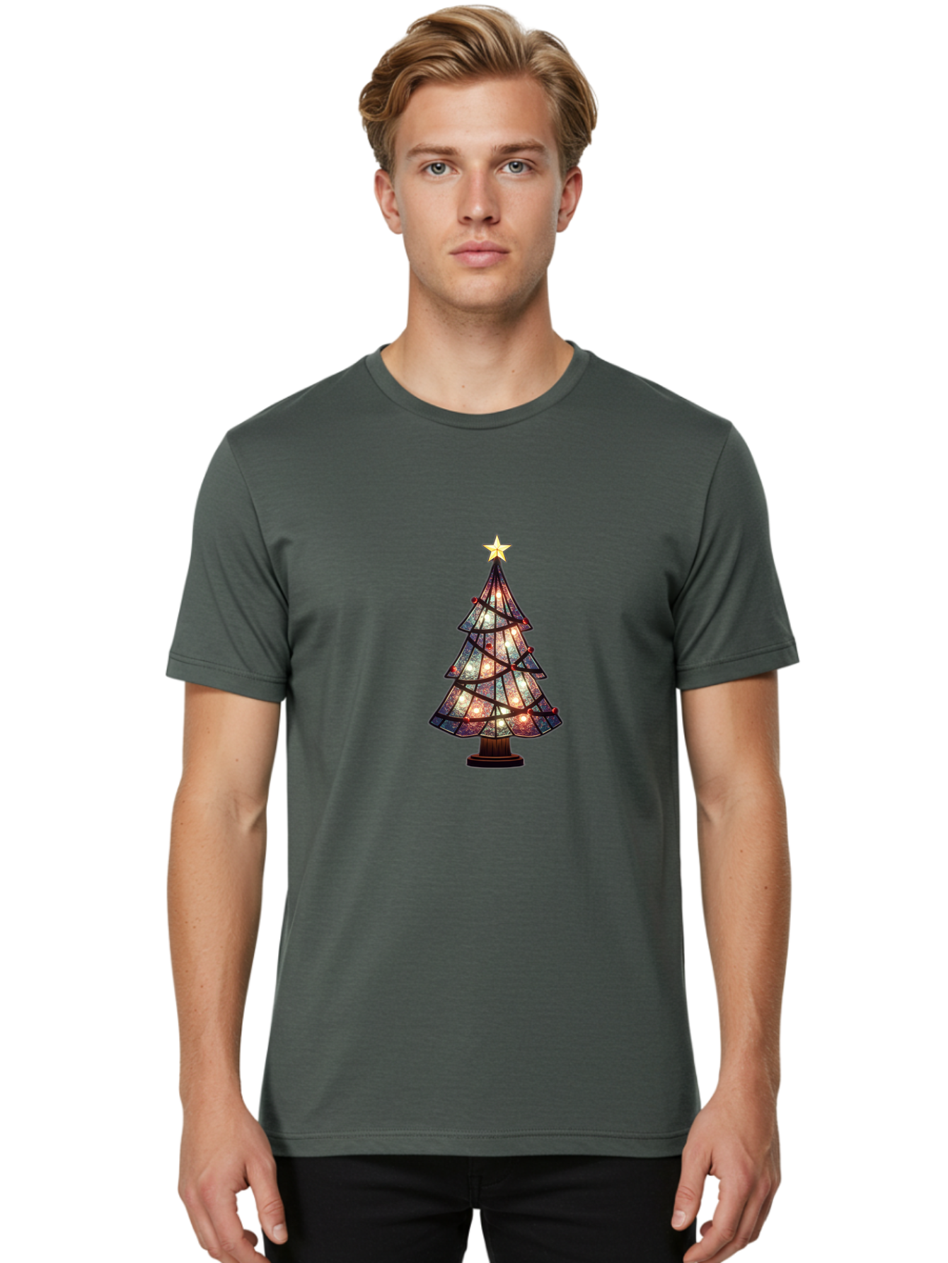 Stained-Glass-Christmas-Tree Men'S Graphic Tee, 100% Cotton, Comfortable Casual Summer Wear, Machine Washable, Stained Glass, Christmas Tree, Festive Decor, Holiday Decoration, Christmas Lights, Star Topper, Holiday Ambiance, Colorful Tree, Bac447 29