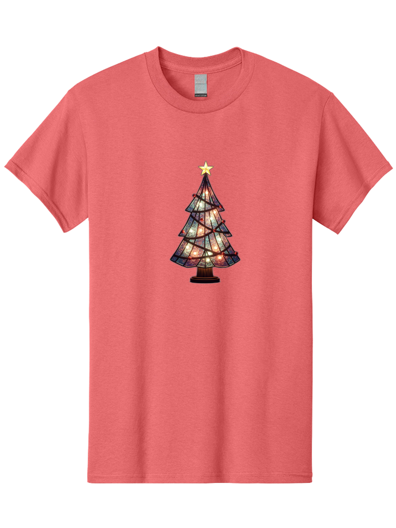 Stained-Glass-Christmas-Tree Men'S Graphic Tee, 100% Cotton, Comfortable Casual Summer Wear, Machine Washable, Stained Glass, Christmas Tree, Festive Decor, Holiday Decoration, Christmas Lights, Star Topper, Holiday Ambiance, Colorful Tree, Bac447