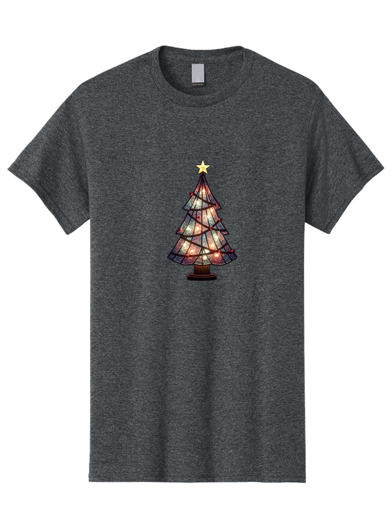 Stained-Glass-Christmas-Tree Men'S Graphic Tee, 100% Cotton, Comfortable Casual Summer Wear, Machine Washable, Stained Glass, Christmas Tree, Festive Decor, Holiday Decoration, Christmas Lights, Star Topper, Holiday Ambiance, Colorful Tree, Bac447