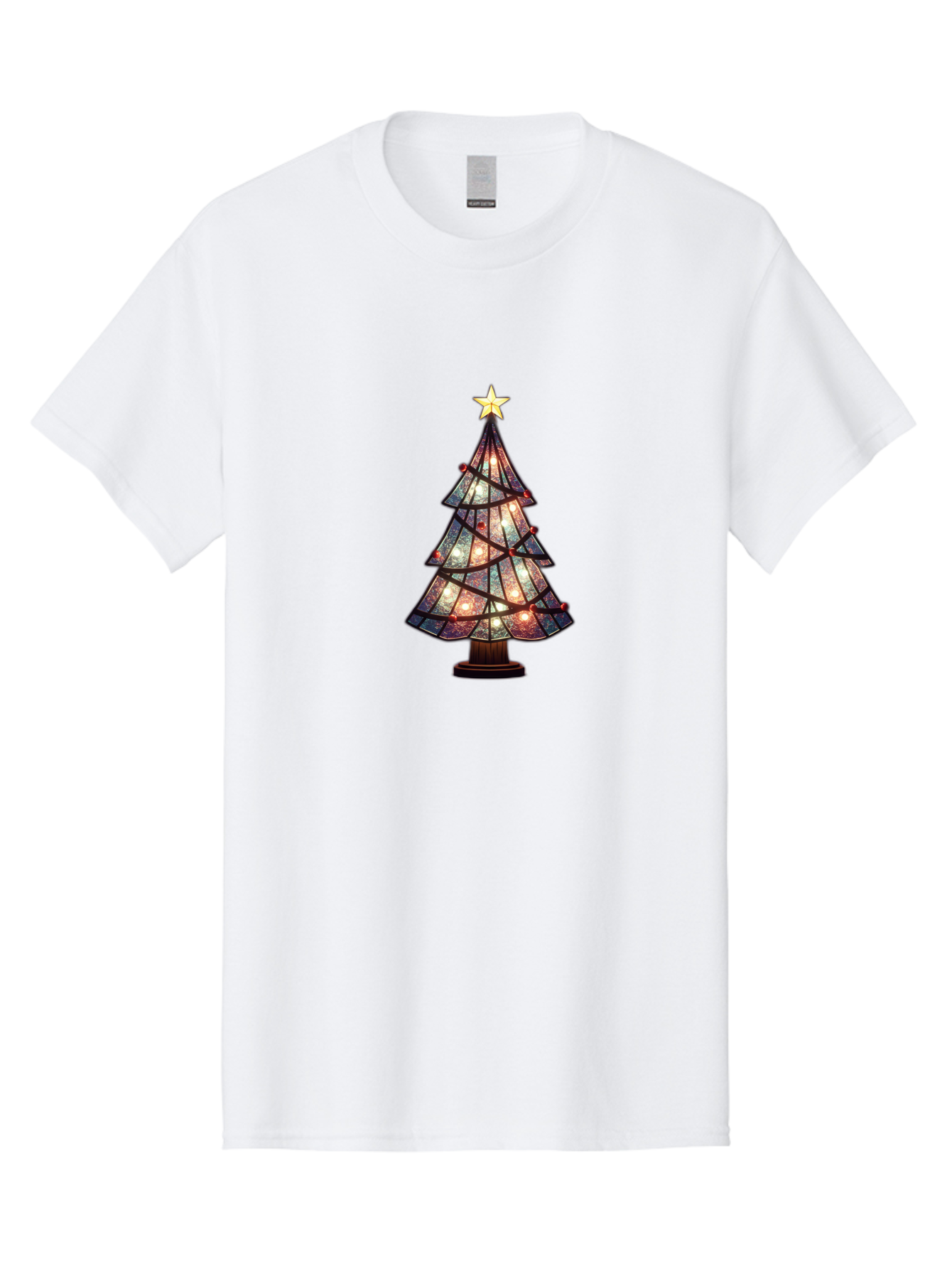 Stained-Glass-Christmas-Tree Men'S Graphic Tee, 100% Cotton, Comfortable Casual Summer Wear, Machine Washable, Stained Glass, Christmas Tree, Festive Decor, Holiday Decoration, Christmas Lights, Star Topper, Holiday Ambiance, Colorful Tree, Bac447