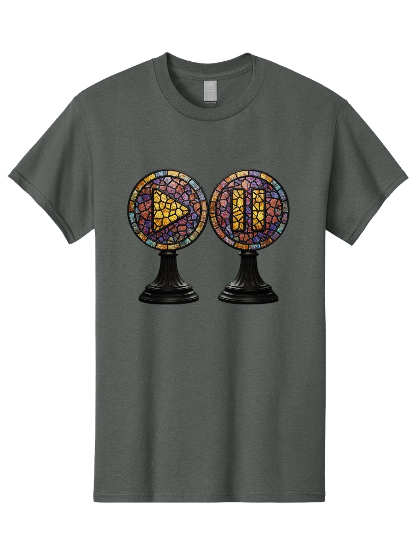 Stained-Glass-Play-And-Pause-Buttons Men'S Graphic Tee, 100% Cotton, Comfortable Casual Summer Wear, Machine Washable, Mosaic Art, Play And Pause Buttons, Media Controls, Stained Glass Design, Colorful Tiles, Black Pedestals, Bac448 13