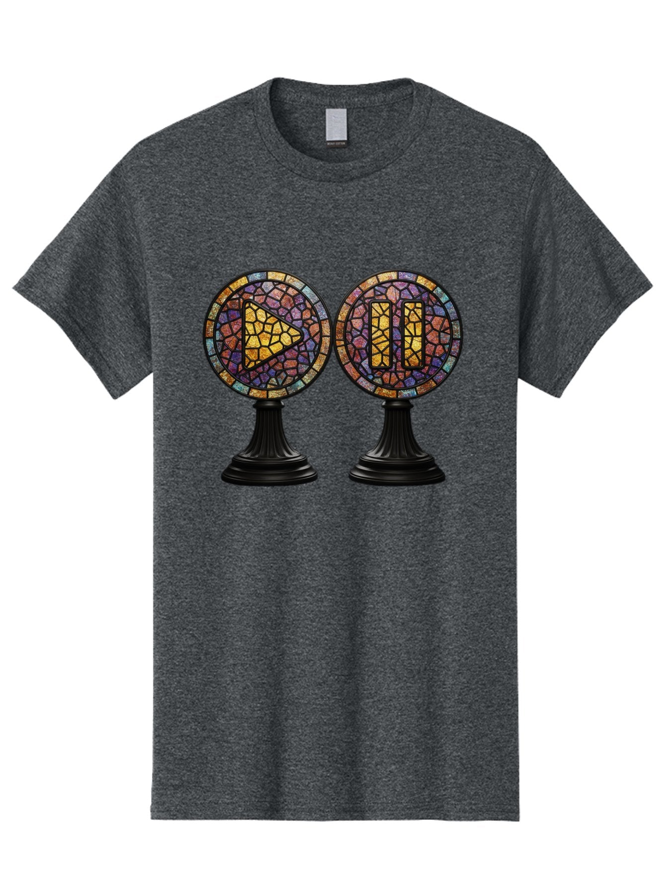 Stained-Glass-Play-And-Pause-Buttons Men'S Graphic Tee, 100% Cotton, Comfortable Casual Summer Wear, Machine Washable, Mosaic Art, Play And Pause Buttons, Media Controls, Stained Glass Design, Colorful Tiles, Black Pedestals, Bac448 6