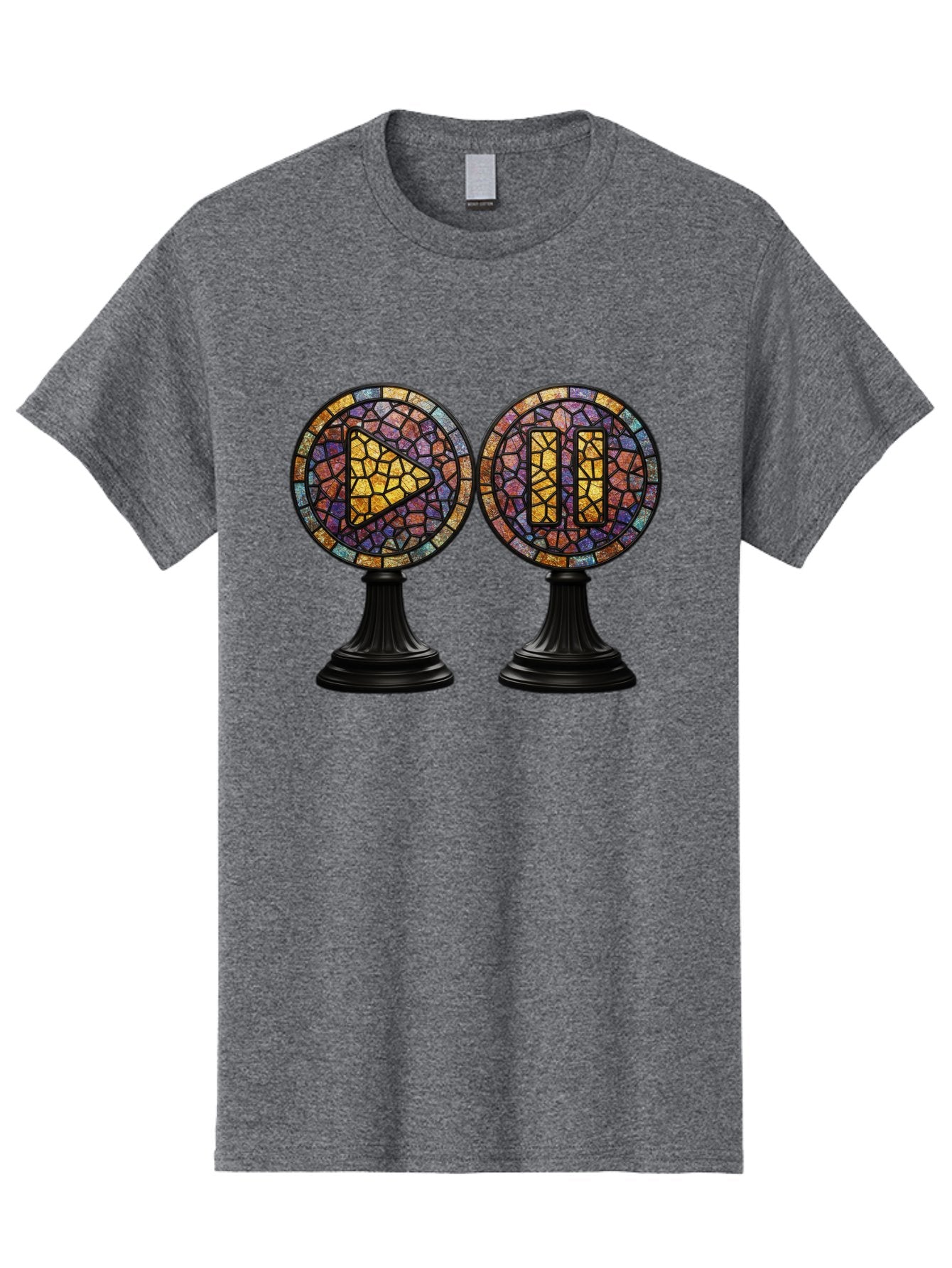 Stained-Glass-Play-And-Pause-Buttons Men'S Graphic Tee, 100% Cotton, Comfortable Casual Summer Wear, Machine Washable, Mosaic Art, Play And Pause Buttons, Media Controls, Stained Glass Design, Colorful Tiles, Black Pedestals, Bac448 8