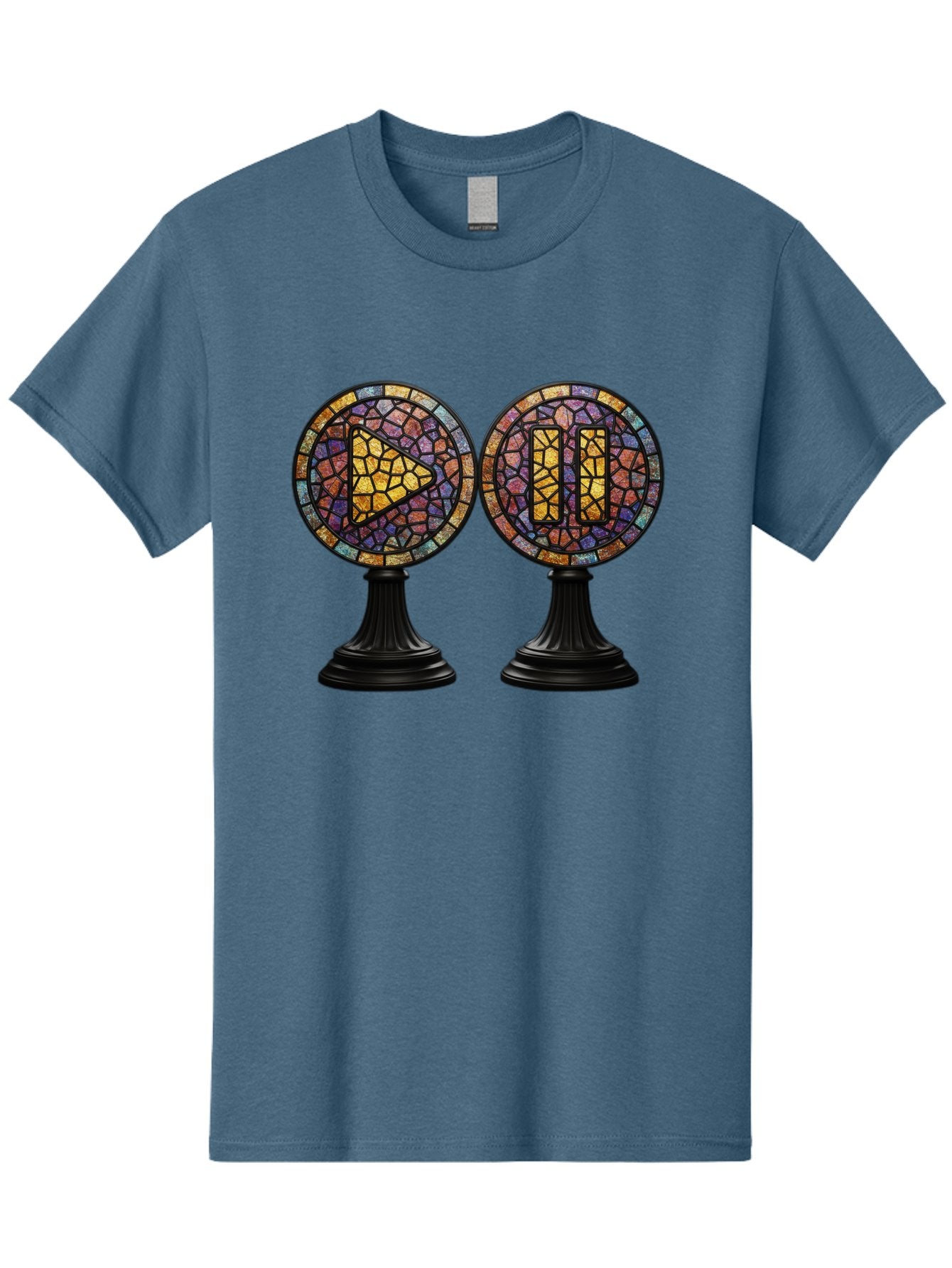 Stained-Glass-Play-And-Pause-Buttons Men'S Graphic Tee, 100% Cotton, Comfortable Casual Summer Wear, Machine Washable, Mosaic Art, Play And Pause Buttons, Media Controls, Stained Glass Design, Colorful Tiles, Black Pedestals, Bac448 5