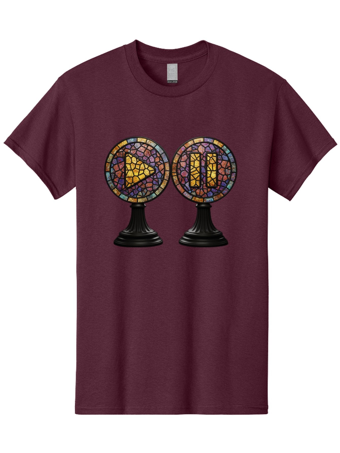 Stained-Glass-Play-And-Pause-Buttons Men'S Graphic Tee, 100% Cotton, Comfortable Casual Summer Wear, Machine Washable, Mosaic Art, Play And Pause Buttons, Media Controls, Stained Glass Design, Colorful Tiles, Black Pedestals, Bac448 10