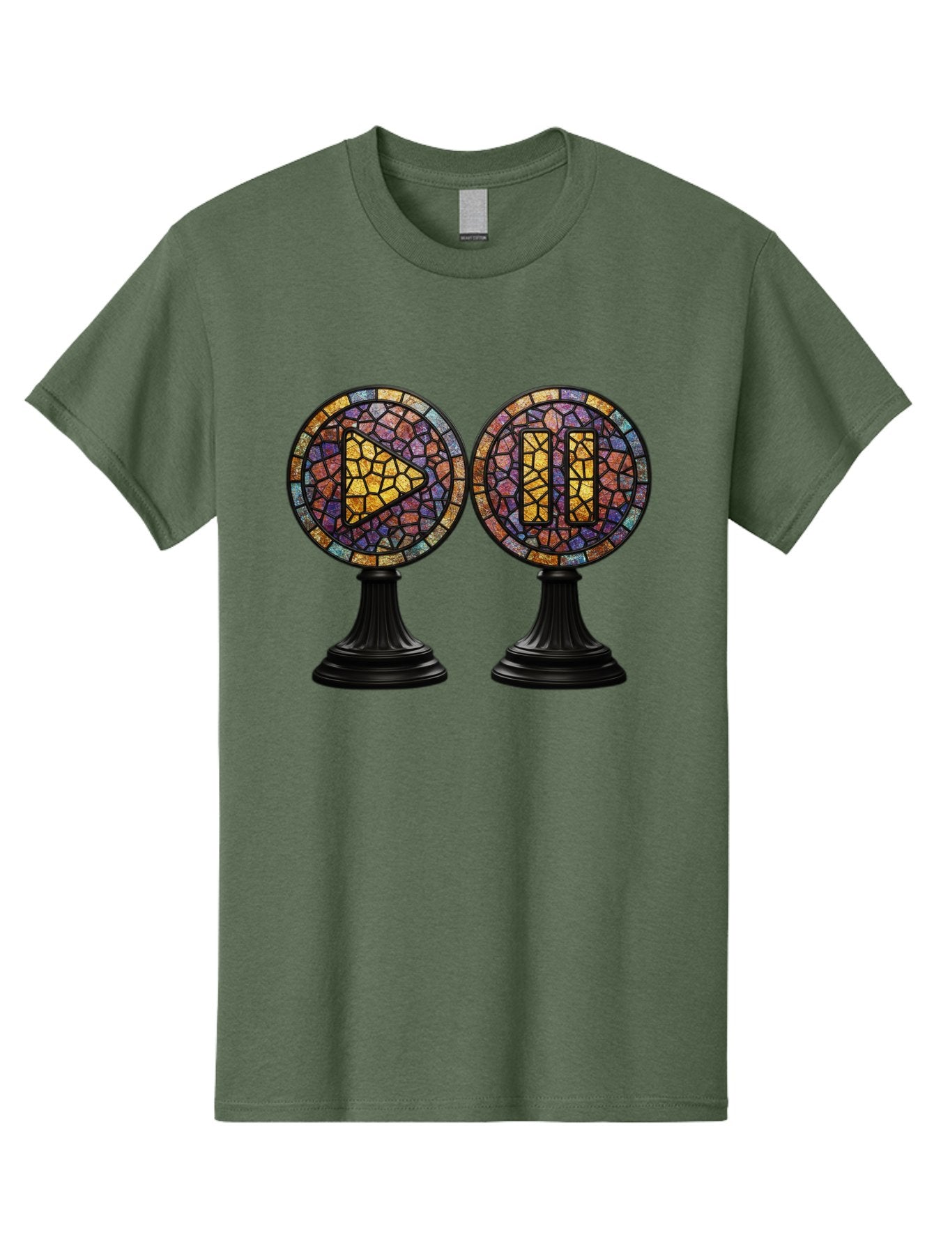 Stained-Glass-Play-And-Pause-Buttons Men'S Graphic Tee, 100% Cotton, Comfortable Casual Summer Wear, Machine Washable, Mosaic Art, Play And Pause Buttons, Media Controls, Stained Glass Design, Colorful Tiles, Black Pedestals, Bac448 9