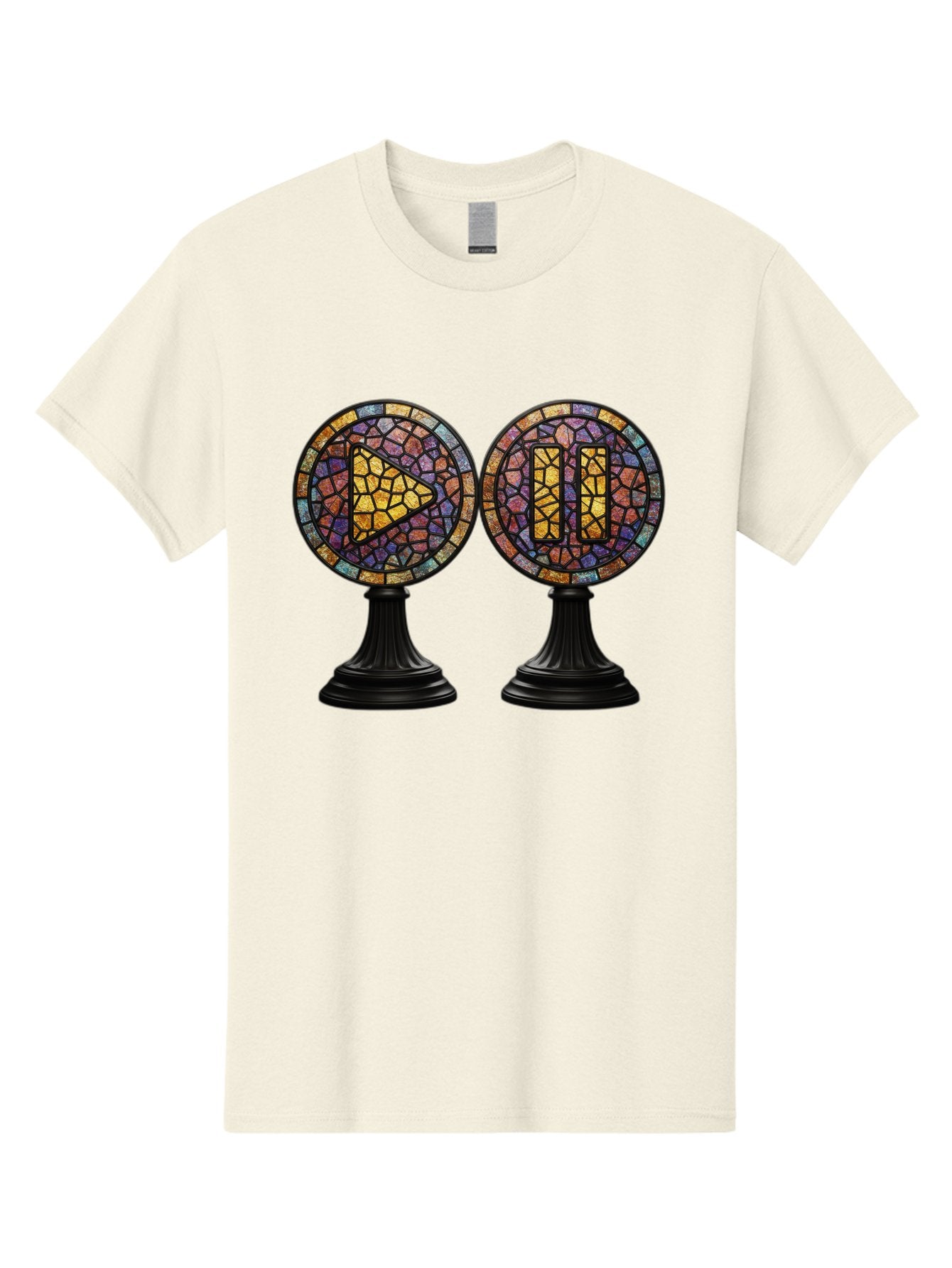 Stained-Glass-Play-And-Pause-Buttons Men'S Graphic Tee, 100% Cotton, Comfortable Casual Summer Wear, Machine Washable, Mosaic Art, Play And Pause Buttons, Media Controls, Stained Glass Design, Colorful Tiles, Black Pedestals, Bac448 3