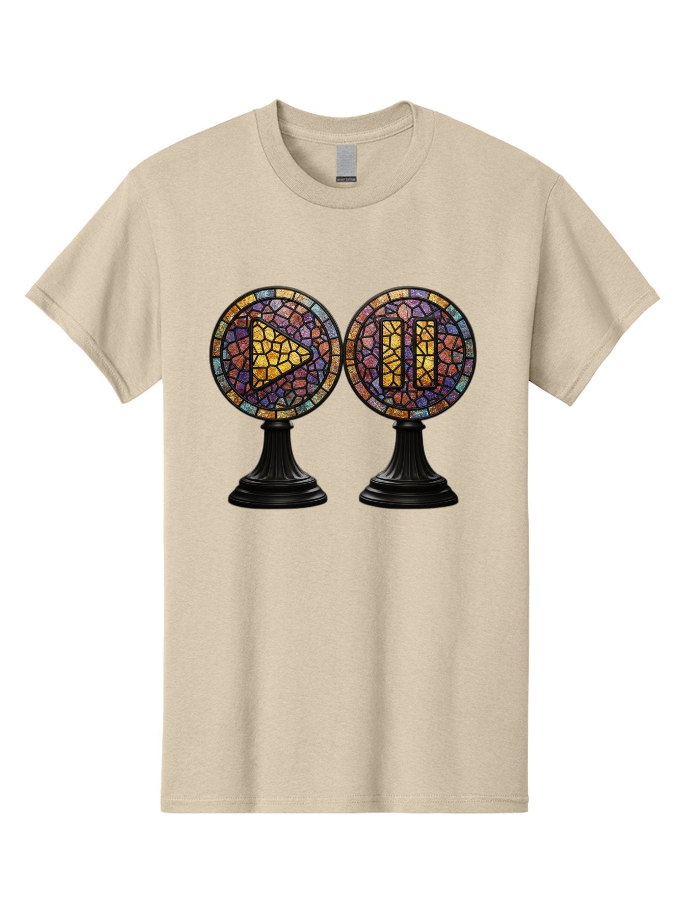 Stained-Glass-Play-And-Pause-Buttons Men'S Graphic Tee, 100% Cotton, Comfortable Casual Summer Wear, Machine Washable, Mosaic Art, Play And Pause Buttons, Media Controls, Stained Glass Design, Colorful Tiles, Black Pedestals, Bac448 12