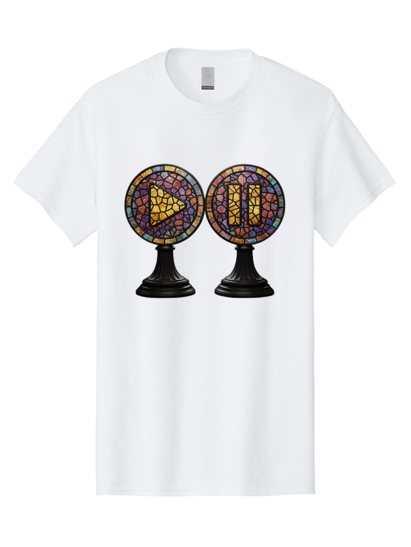 Stained-Glass-Play-And-Pause-Buttons Men'S Graphic Tee, 100% Cotton, Comfortable Casual Summer Wear, Machine Washable, Mosaic Art, Play And Pause Buttons, Media Controls, Stained Glass Design, Colorful Tiles, Black Pedestals, Bac448 15