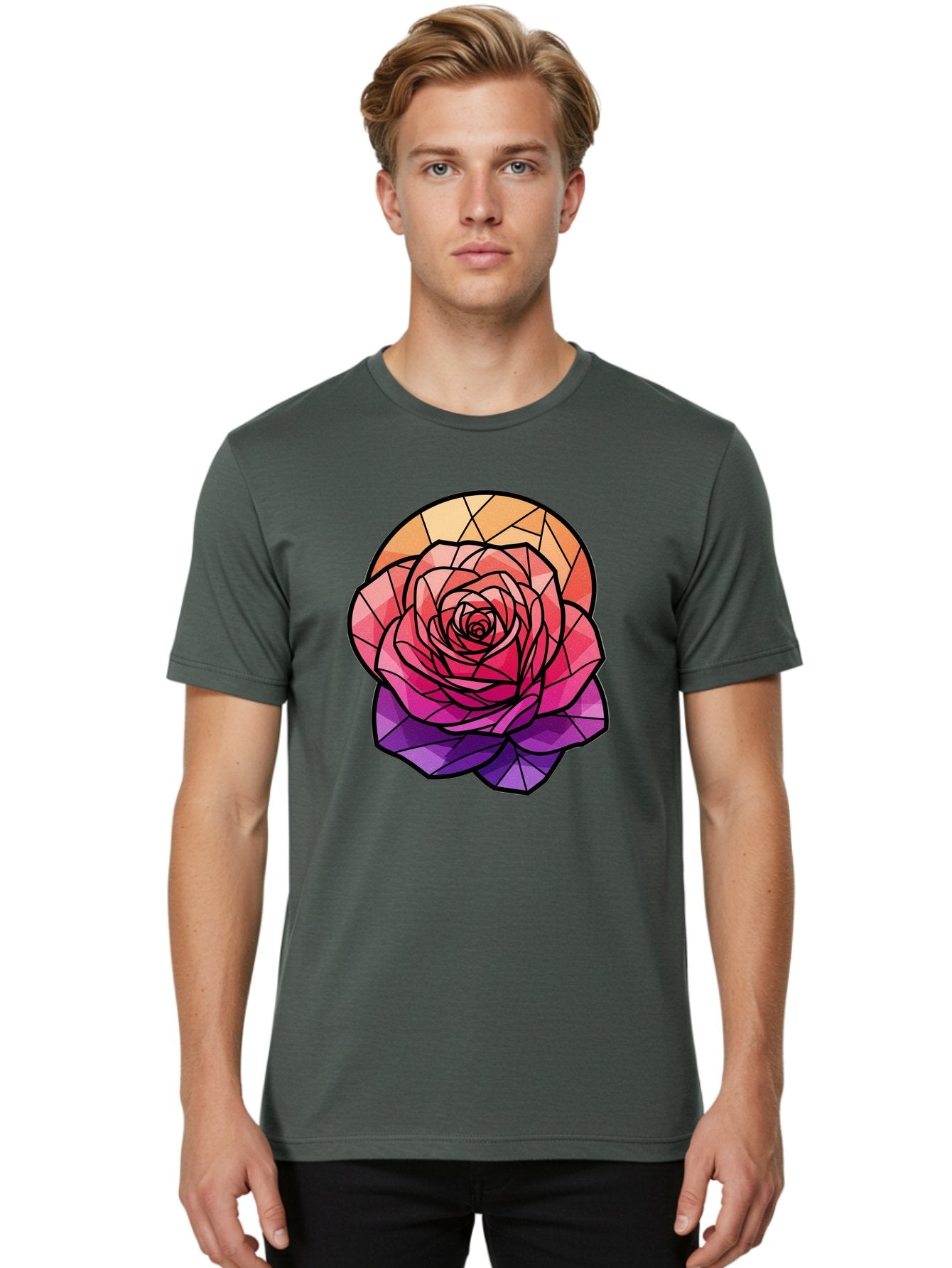 Stained-Glass-Rose Men'S Graphic Tee, 100% Cotton, Comfortable Casual Summer Wear, Machine Washable, Stained Glass Rose, Mosaic Art, Colorful Flowers, Floral Designs, Pink And Purple Hues, Vibrant Petals, Black Outlines, Geometric Patterns, Bac449 26