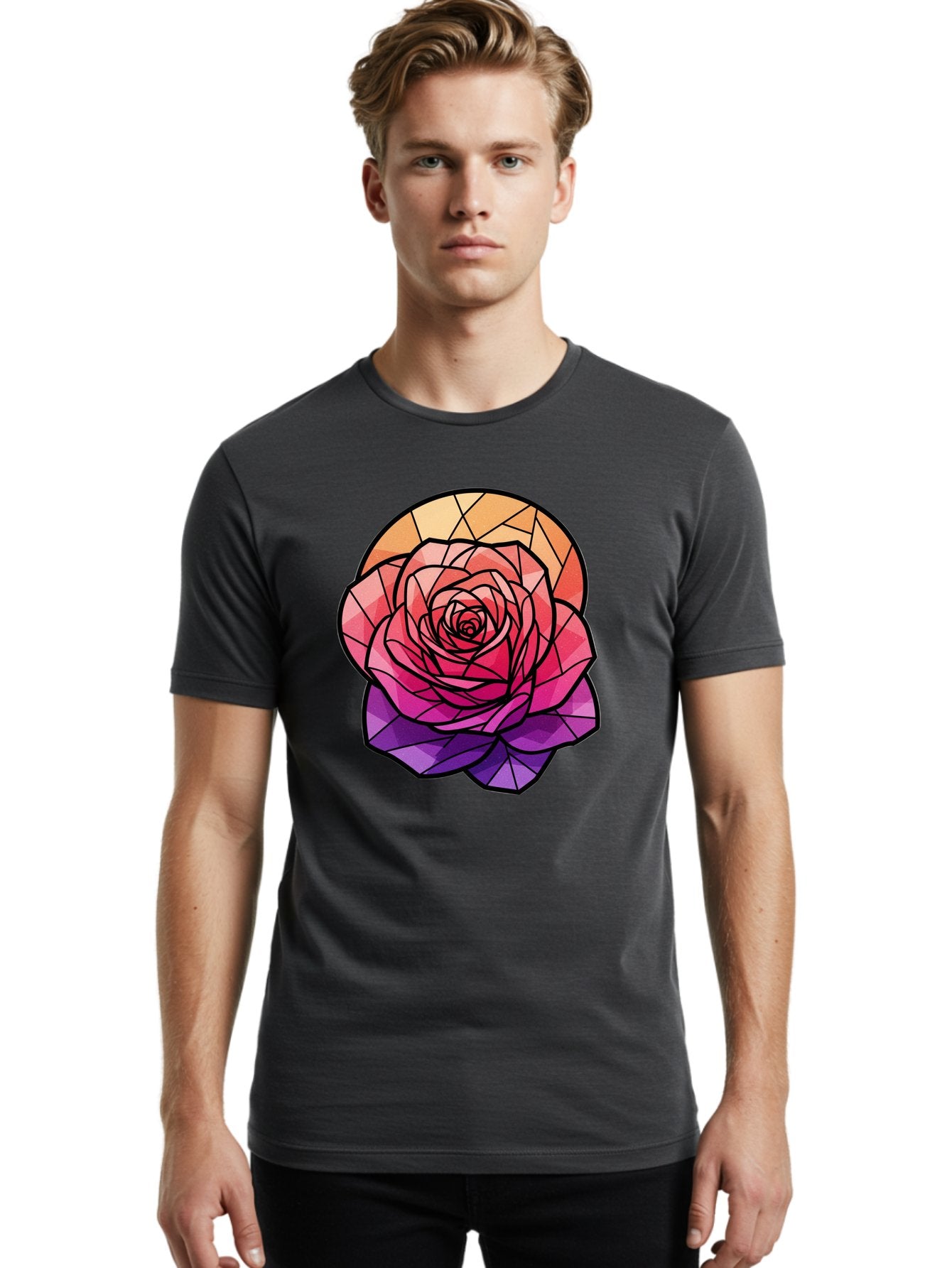 Stained-Glass-Rose Men'S Graphic Tee, 100% Cotton, Comfortable Casual Summer Wear, Machine Washable, Stained Glass Rose, Mosaic Art, Colorful Flowers, Floral Designs, Pink And Purple Hues, Vibrant Petals, Black Outlines, Geometric Patterns, Bac449 23
