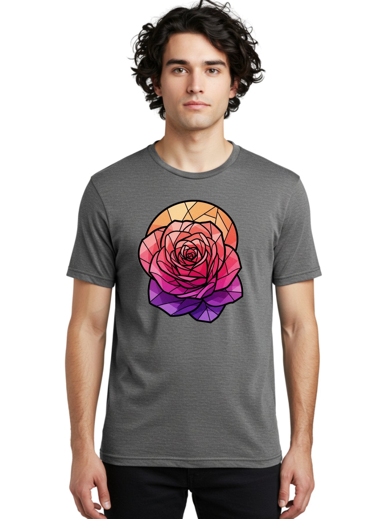 Stained-Glass-Rose Men'S Graphic Tee, 100% Cotton, Comfortable Casual Summer Wear, Machine Washable, Stained Glass Rose, Mosaic Art, Colorful Flowers, Floral Designs, Pink And Purple Hues, Vibrant Petals, Black Outlines, Geometric Patterns, Bac449 29