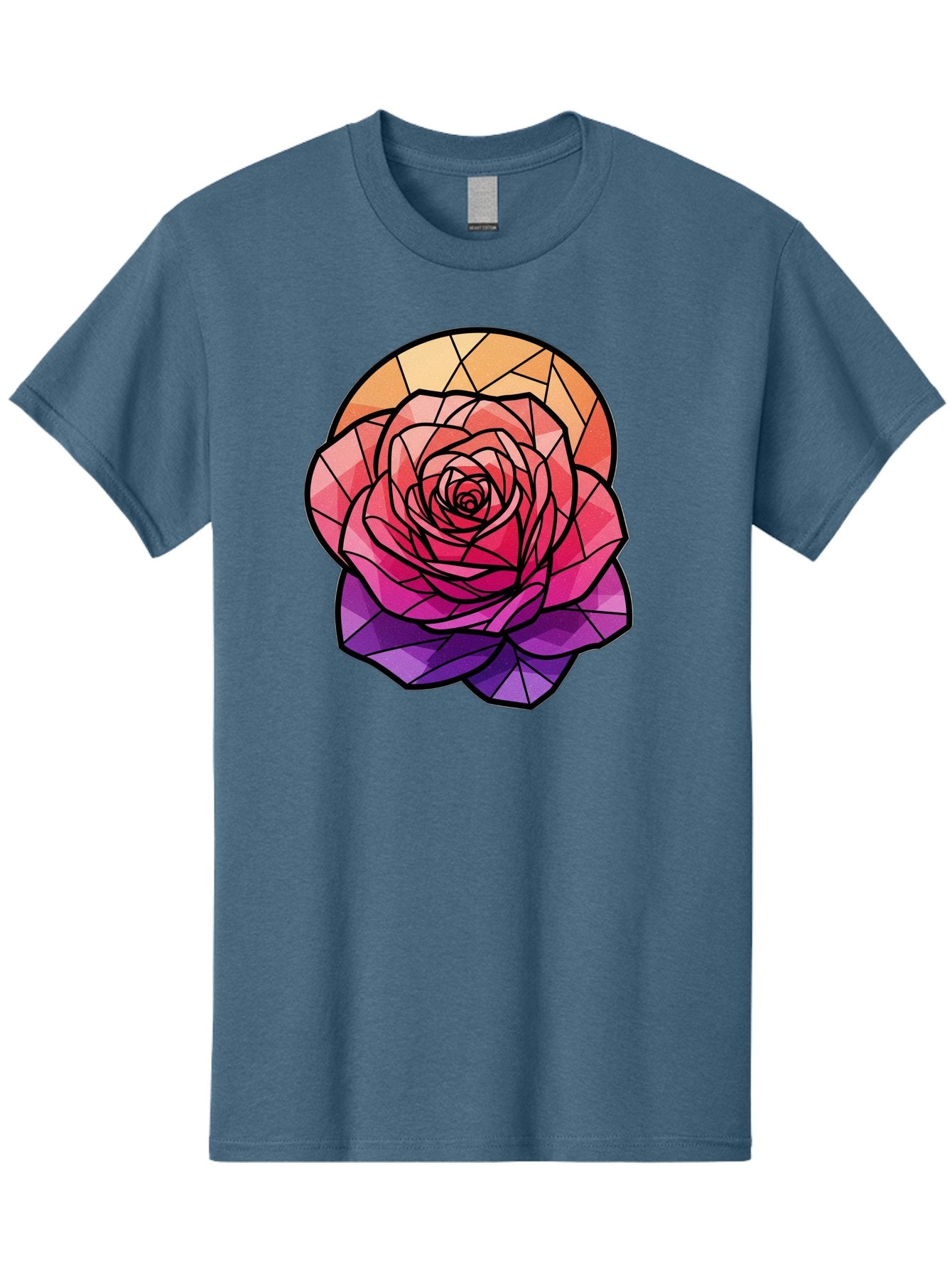 Stained-Glass-Rose Men'S Graphic Tee, 100% Cotton, Comfortable Casual Summer Wear, Machine Washable, Stained Glass Rose, Mosaic Art, Colorful Flowers, Floral Designs, Pink And Purple Hues, Vibrant Petals, Black Outlines, Geometric Patterns, Bac449 4