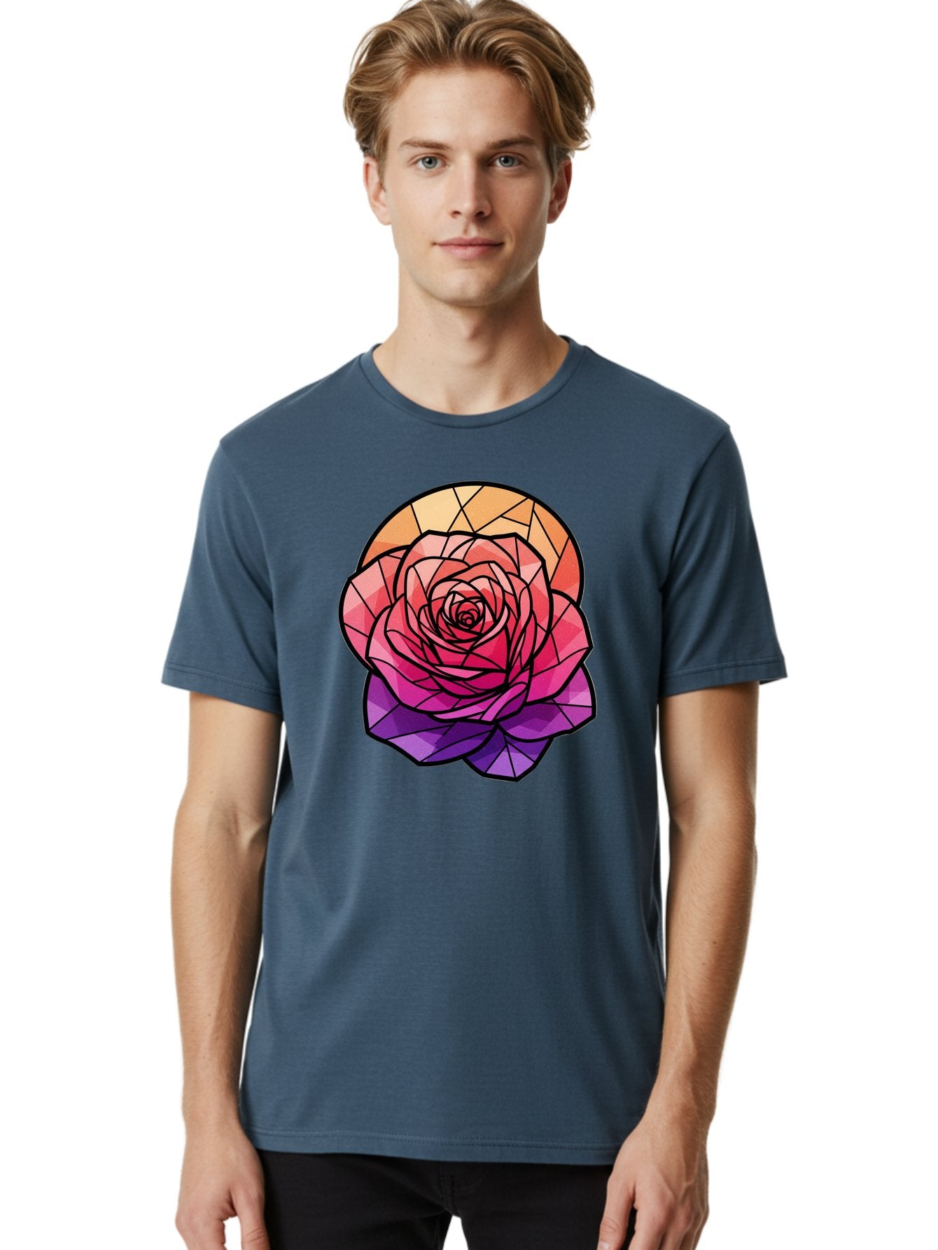 Stained-Glass-Rose Men'S Graphic Tee, 100% Cotton, Comfortable Casual Summer Wear, Machine Washable, Stained Glass Rose, Mosaic Art, Colorful Flowers, Floral Designs, Pink And Purple Hues, Vibrant Petals, Black Outlines, Geometric Patterns, Bac449 18