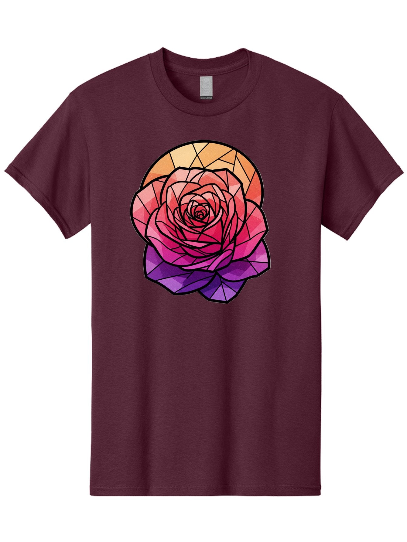 Stained-Glass-Rose Men'S Graphic Tee, 100% Cotton, Comfortable Casual Summer Wear, Machine Washable, Stained Glass Rose, Mosaic Art, Colorful Flowers, Floral Designs, Pink And Purple Hues, Vibrant Petals, Black Outlines, Geometric Patterns, Bac449 6