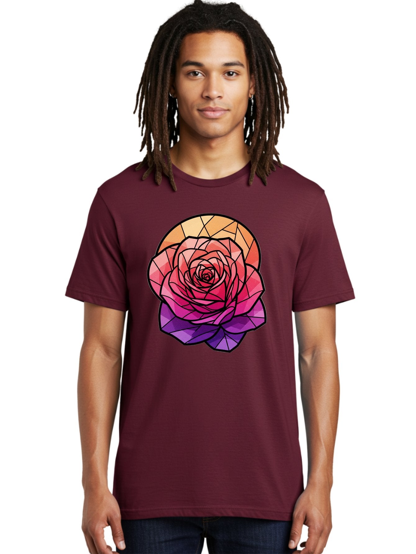 Stained-Glass-Rose Men'S Graphic Tee, 100% Cotton, Comfortable Casual Summer Wear, Machine Washable, Stained Glass Rose, Mosaic Art, Colorful Flowers, Floral Designs, Pink And Purple Hues, Vibrant Petals, Black Outlines, Geometric Patterns, Bac449 24