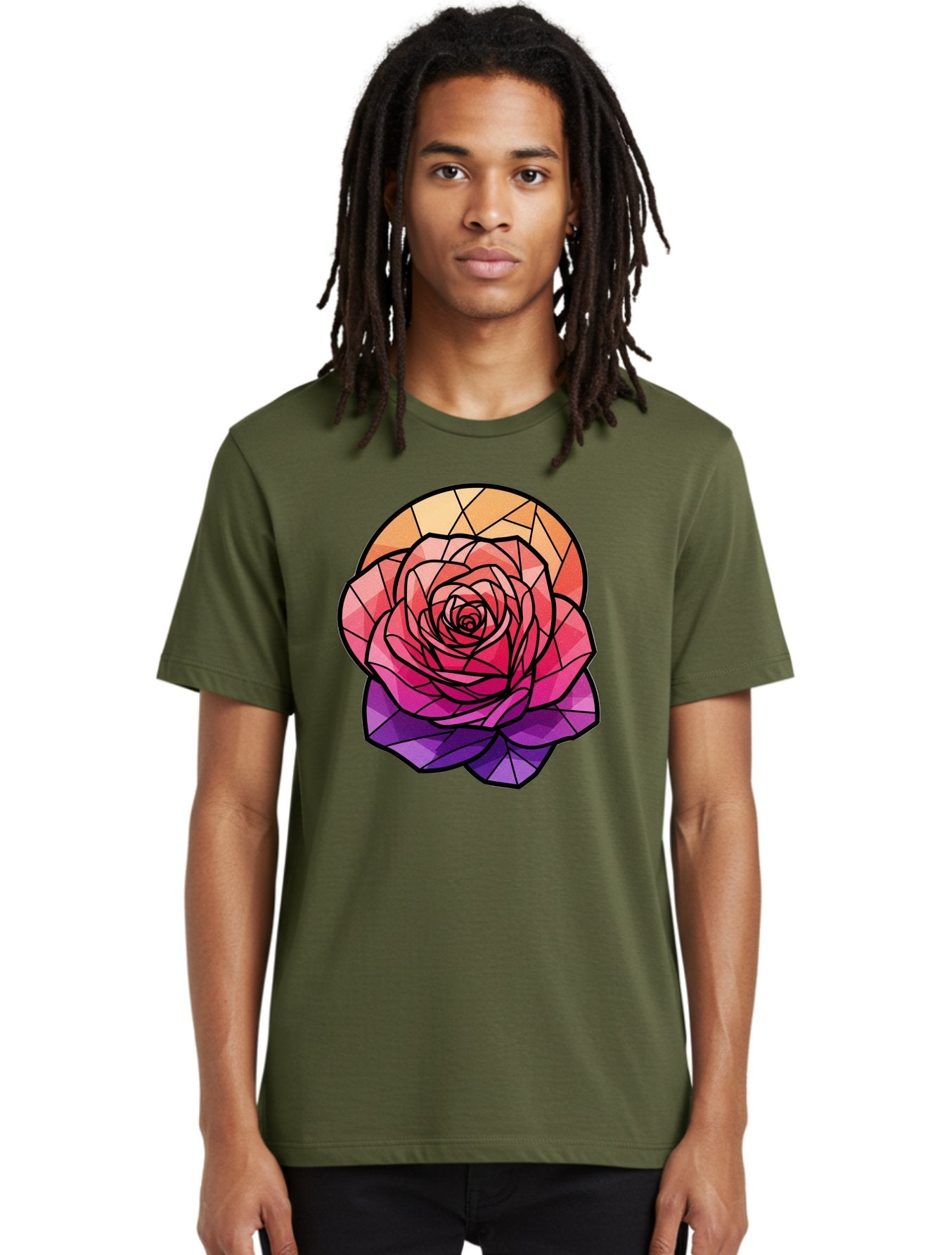 Stained-Glass-Rose Men'S Graphic Tee, 100% Cotton, Comfortable Casual Summer Wear, Machine Washable, Stained Glass Rose, Mosaic Art, Colorful Flowers, Floral Designs, Pink And Purple Hues, Vibrant Petals, Black Outlines, Geometric Patterns, Bac449 25