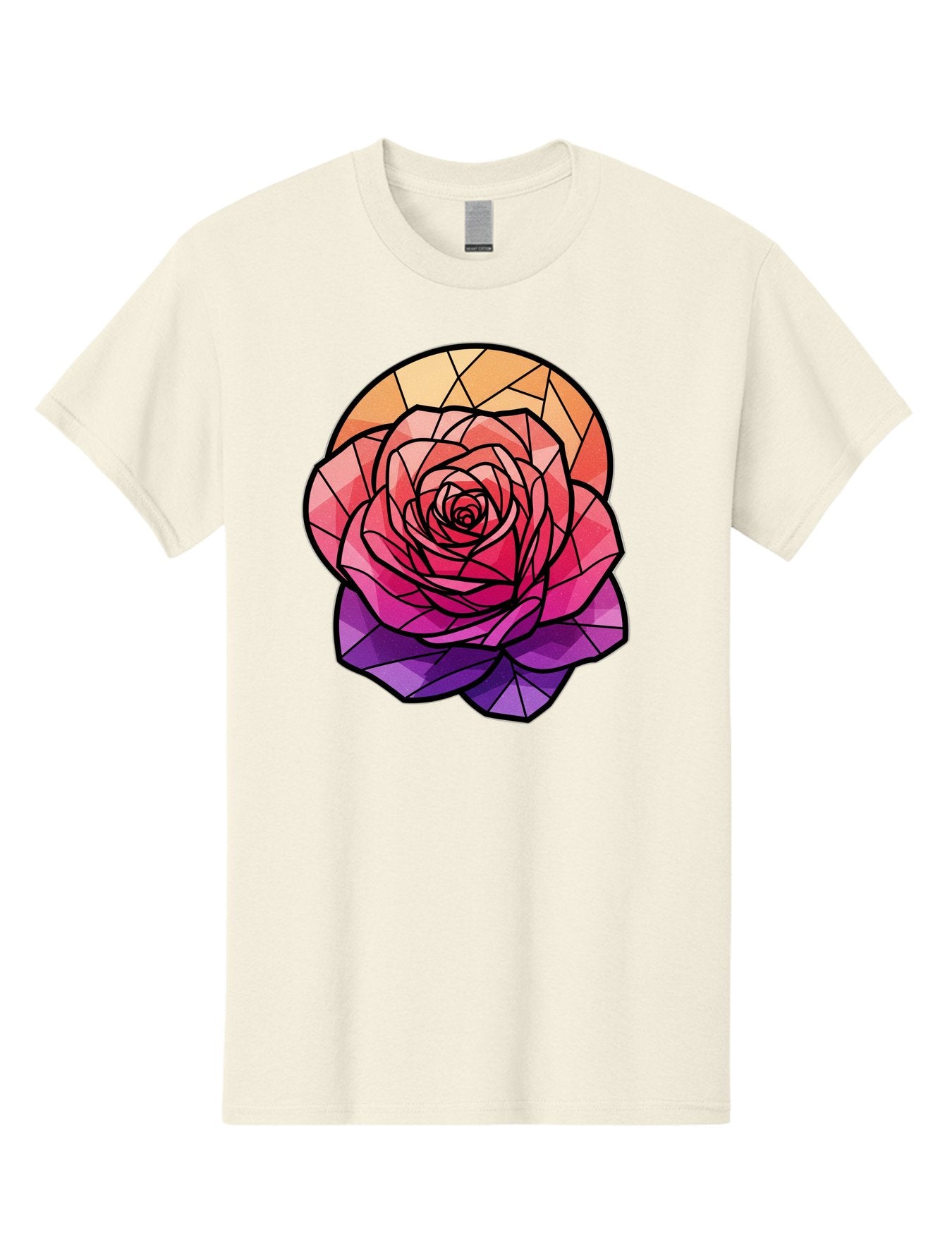 Stained-Glass-Rose Men'S Graphic Tee, 100% Cotton, Comfortable Casual Summer Wear, Machine Washable, Stained Glass Rose, Mosaic Art, Colorful Flowers, Floral Designs, Pink And Purple Hues, Vibrant Petals, Black Outlines, Geometric Patterns, Bac449