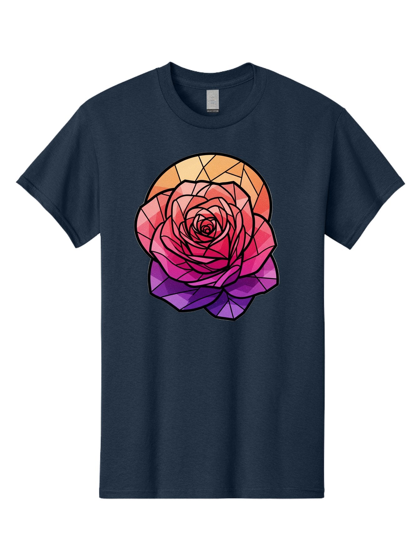 Stained-Glass-Rose Men'S Graphic Tee, 100% Cotton, Comfortable Casual Summer Wear, Machine Washable, Stained Glass Rose, Mosaic Art, Colorful Flowers, Floral Designs, Pink And Purple Hues, Vibrant Petals, Black Outlines, Geometric Patterns, Bac449