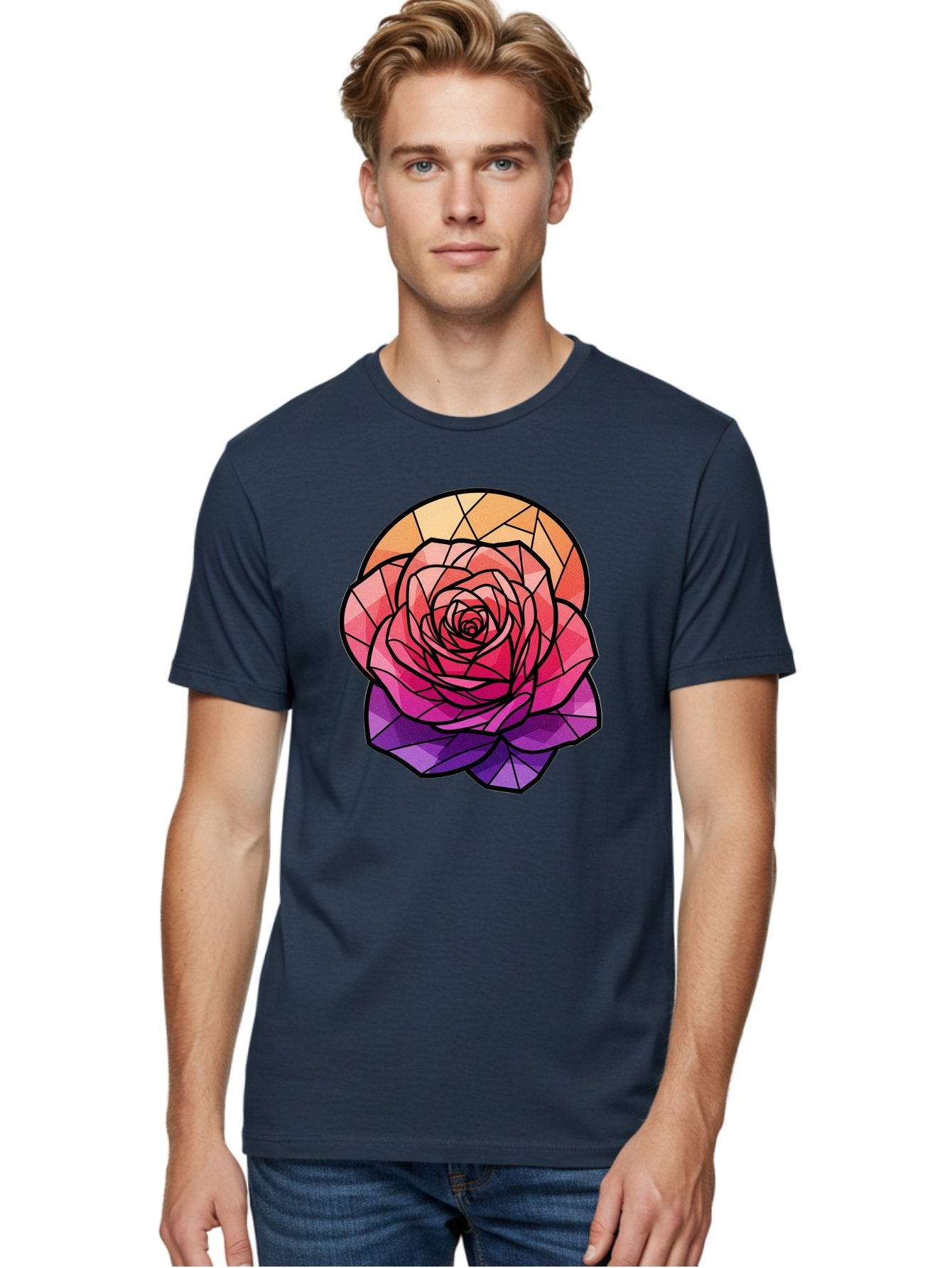 Stained-Glass-Rose Men'S Graphic Tee, 100% Cotton, Comfortable Casual Summer Wear, Machine Washable, Stained Glass Rose, Mosaic Art, Colorful Flowers, Floral Designs, Pink And Purple Hues, Vibrant Petals, Black Outlines, Geometric Patterns, Bac449 21