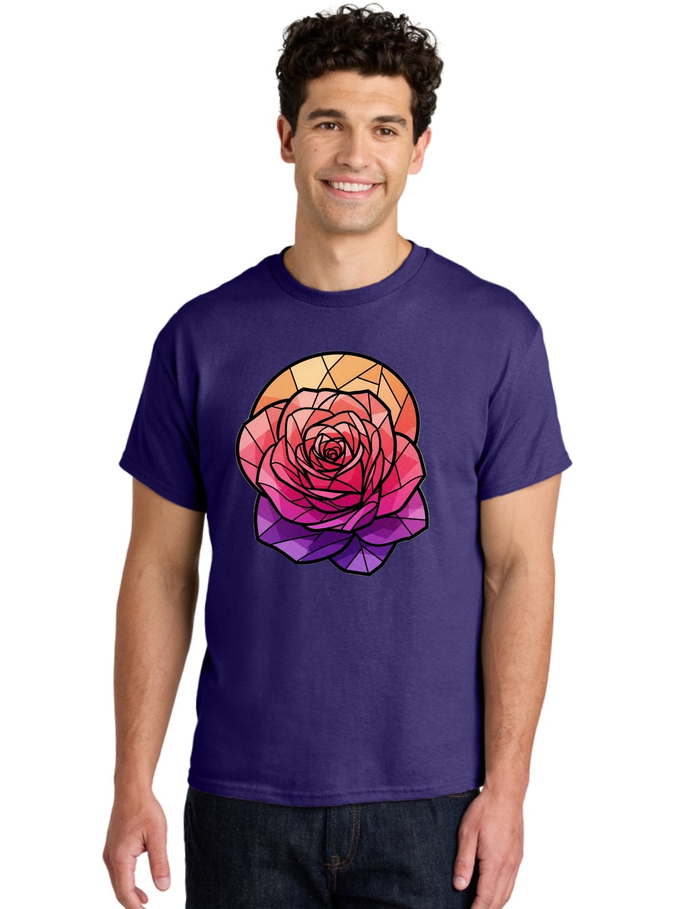 Stained-Glass-Rose Men'S Graphic Tee, 100% Cotton, Comfortable Casual Summer Wear, Machine Washable, Stained Glass Rose, Mosaic Art, Colorful Flowers, Floral Designs, Pink And Purple Hues, Vibrant Petals, Black Outlines, Geometric Patterns, Bac449 30