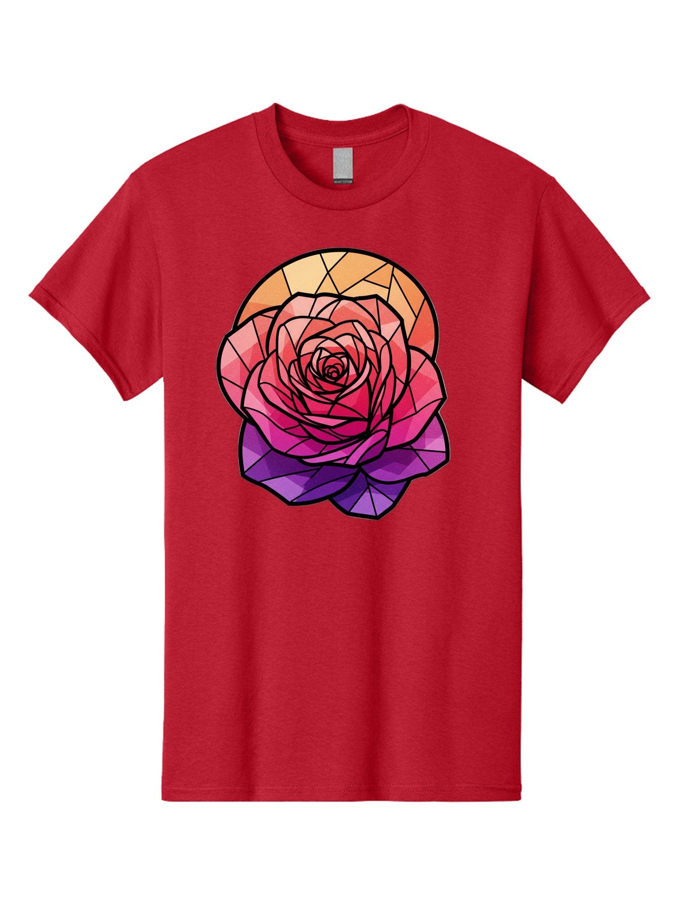 Stained-Glass-Rose Men'S Graphic Tee, 100% Cotton, Comfortable Casual Summer Wear, Machine Washable, Stained Glass Rose, Mosaic Art, Colorful Flowers, Floral Designs, Pink And Purple Hues, Vibrant Petals, Black Outlines, Geometric Patterns, Bac449 10