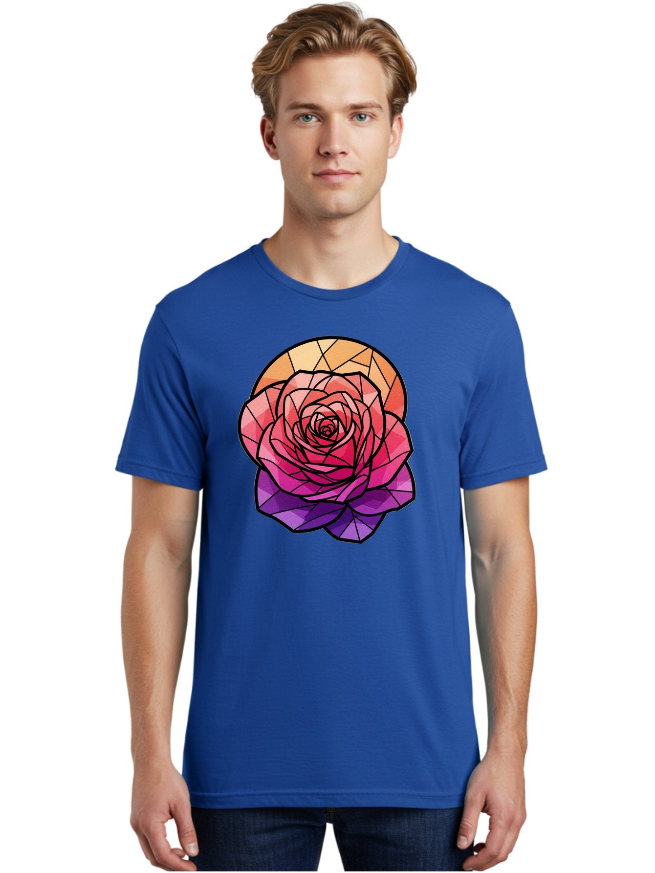 Stained-Glass-Rose Men'S Graphic Tee, 100% Cotton, Comfortable Casual Summer Wear, Machine Washable, Stained Glass Rose, Mosaic Art, Colorful Flowers, Floral Designs, Pink And Purple Hues, Vibrant Petals, Black Outlines, Geometric Patterns, Bac449 20