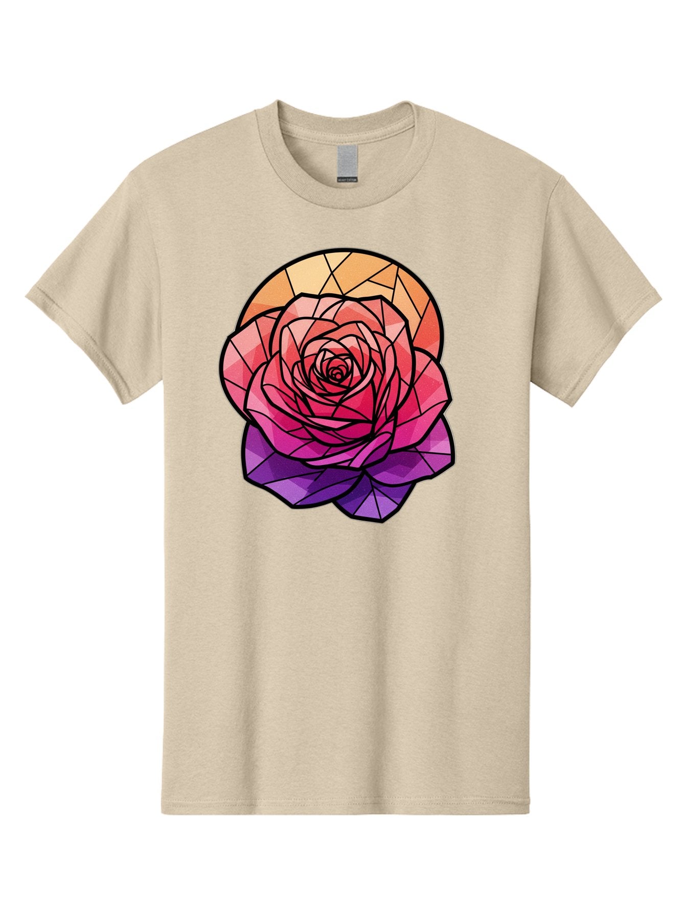 Stained-Glass-Rose Men'S Graphic Tee, 100% Cotton, Comfortable Casual Summer Wear, Machine Washable, Stained Glass Rose, Mosaic Art, Colorful Flowers, Floral Designs, Pink And Purple Hues, Vibrant Petals, Black Outlines, Geometric Patterns, Bac449 3