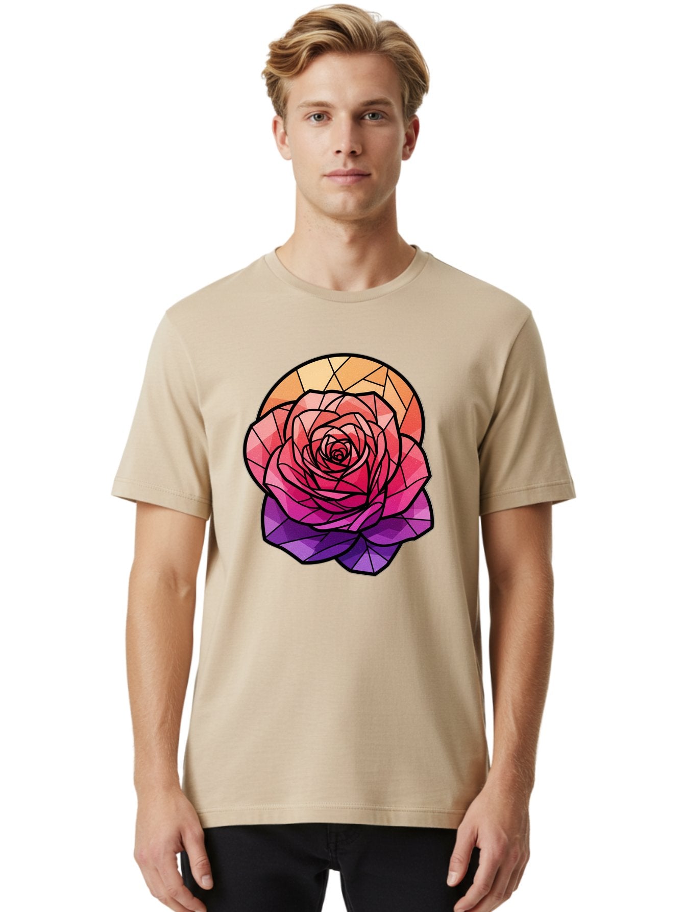 Stained-Glass-Rose Men'S Graphic Tee, 100% Cotton, Comfortable Casual Summer Wear, Machine Washable, Stained Glass Rose, Mosaic Art, Colorful Flowers, Floral Designs, Pink And Purple Hues, Vibrant Petals, Black Outlines, Geometric Patterns, Bac449 22