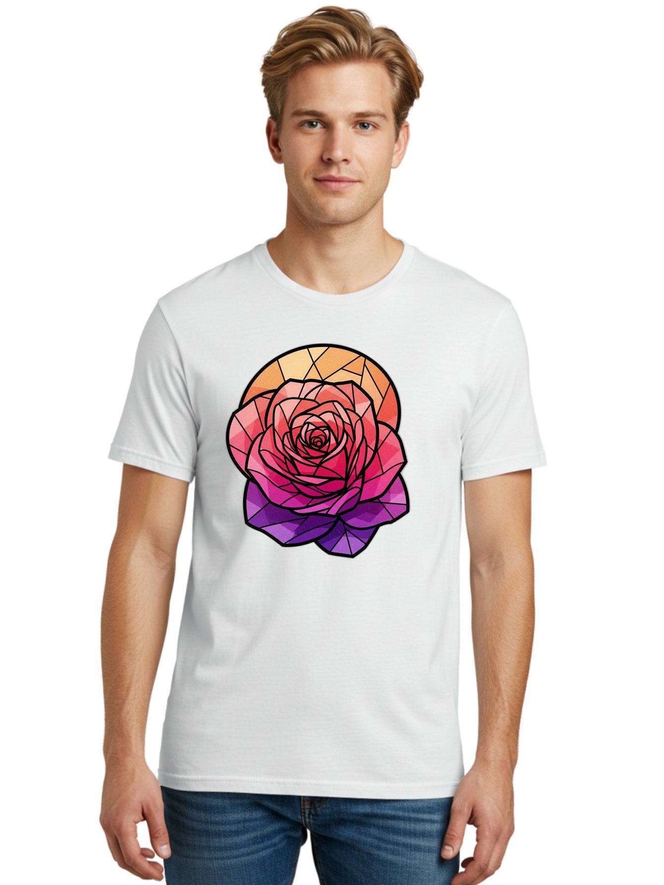 Stained-Glass-Rose Men'S Graphic Tee, 100% Cotton, Comfortable Casual Summer Wear, Machine Washable, Stained Glass Rose, Mosaic Art, Colorful Flowers, Floral Designs, Pink And Purple Hues, Vibrant Petals, Black Outlines, Geometric Patterns, Bac449 27