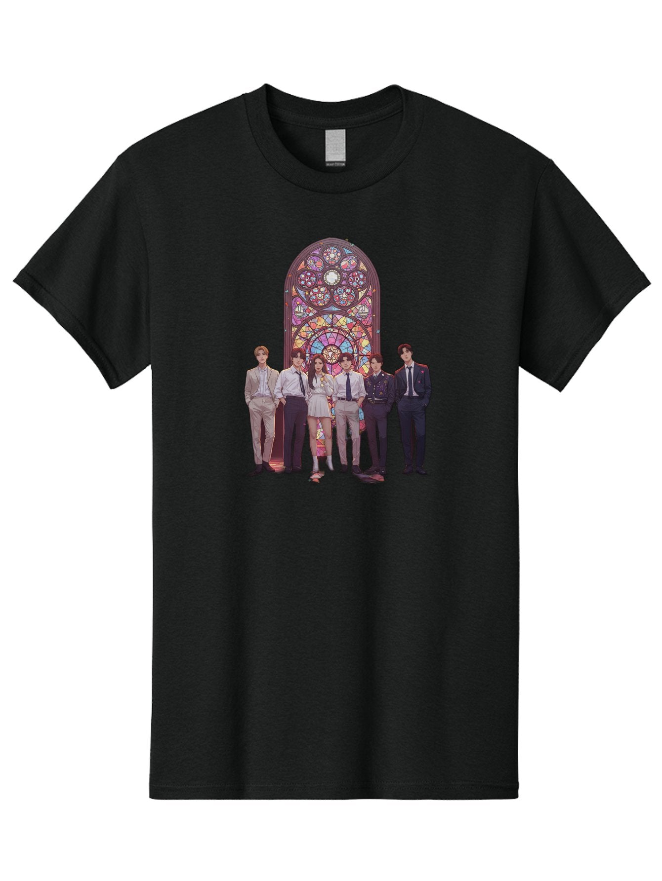 Stained-Glass-Window Men'S Graphic Tee, 100% Cotton, Comfortable Casual Summer Wear, Machine Washable, K-Pop Group, Stained Glass Window, Formal Attire, Black Ties, White Shirts, Vibrant Colors, Stained Glass Art, K-Pop Fashion, Bac450