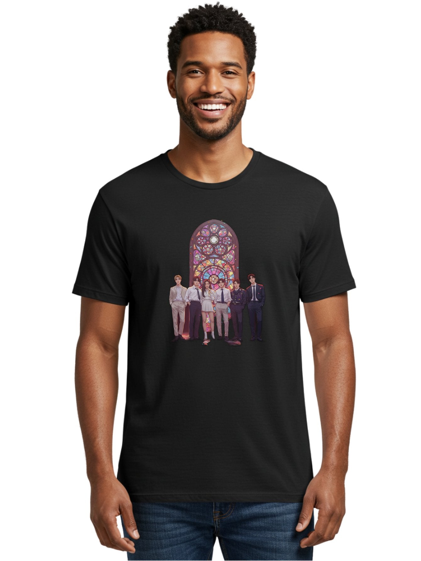 Stained-Glass-Window Men'S Graphic Tee, 100% Cotton, Comfortable Casual Summer Wear, Machine Washable, K-Pop Group, Stained Glass Window, Formal Attire, Black Ties, White Shirts, Vibrant Colors, Stained Glass Art, K-Pop Fashion, Bac450 19