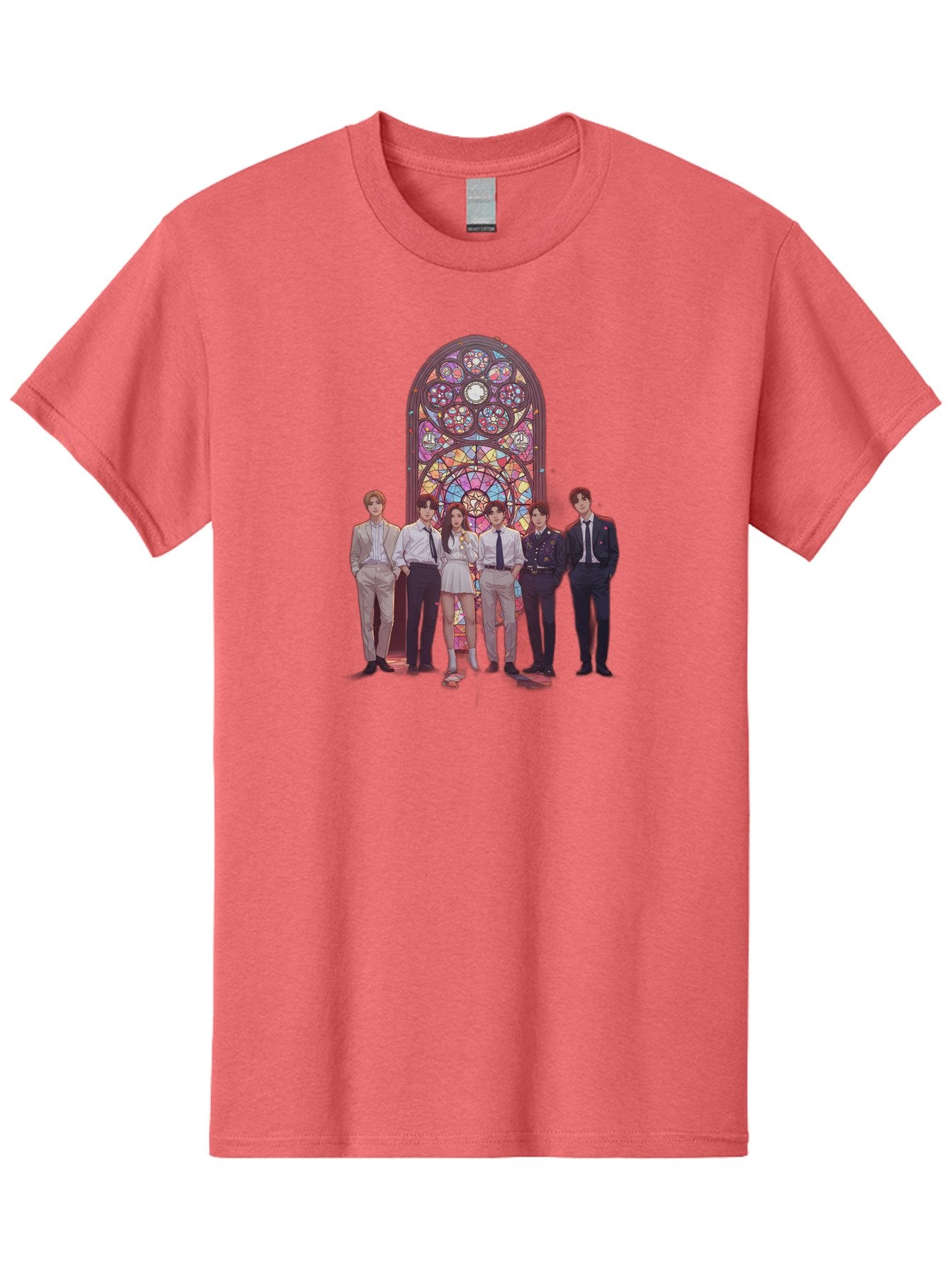 Stained-Glass-Window Men'S Graphic Tee, 100% Cotton, Comfortable Casual Summer Wear, Machine Washable, K-Pop Group, Stained Glass Window, Formal Attire, Black Ties, White Shirts, Vibrant Colors, Stained Glass Art, K-Pop Fashion, Bac450 6