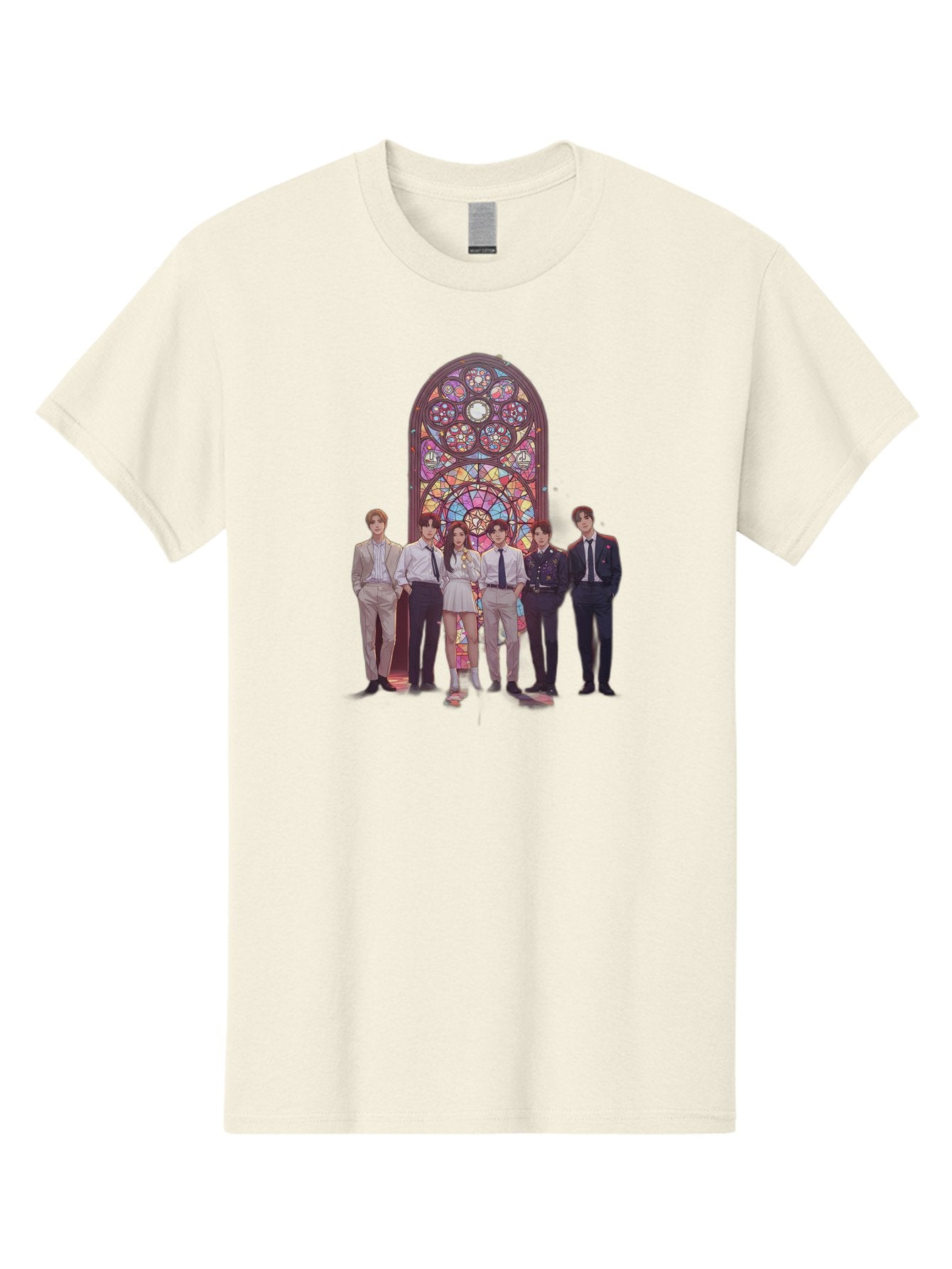 Stained-Glass-Window Men'S Graphic Tee, 100% Cotton, Comfortable Casual Summer Wear, Machine Washable, K-Pop Group, Stained Glass Window, Formal Attire, Black Ties, White Shirts, Vibrant Colors, Stained Glass Art, K-Pop Fashion, Bac450 12